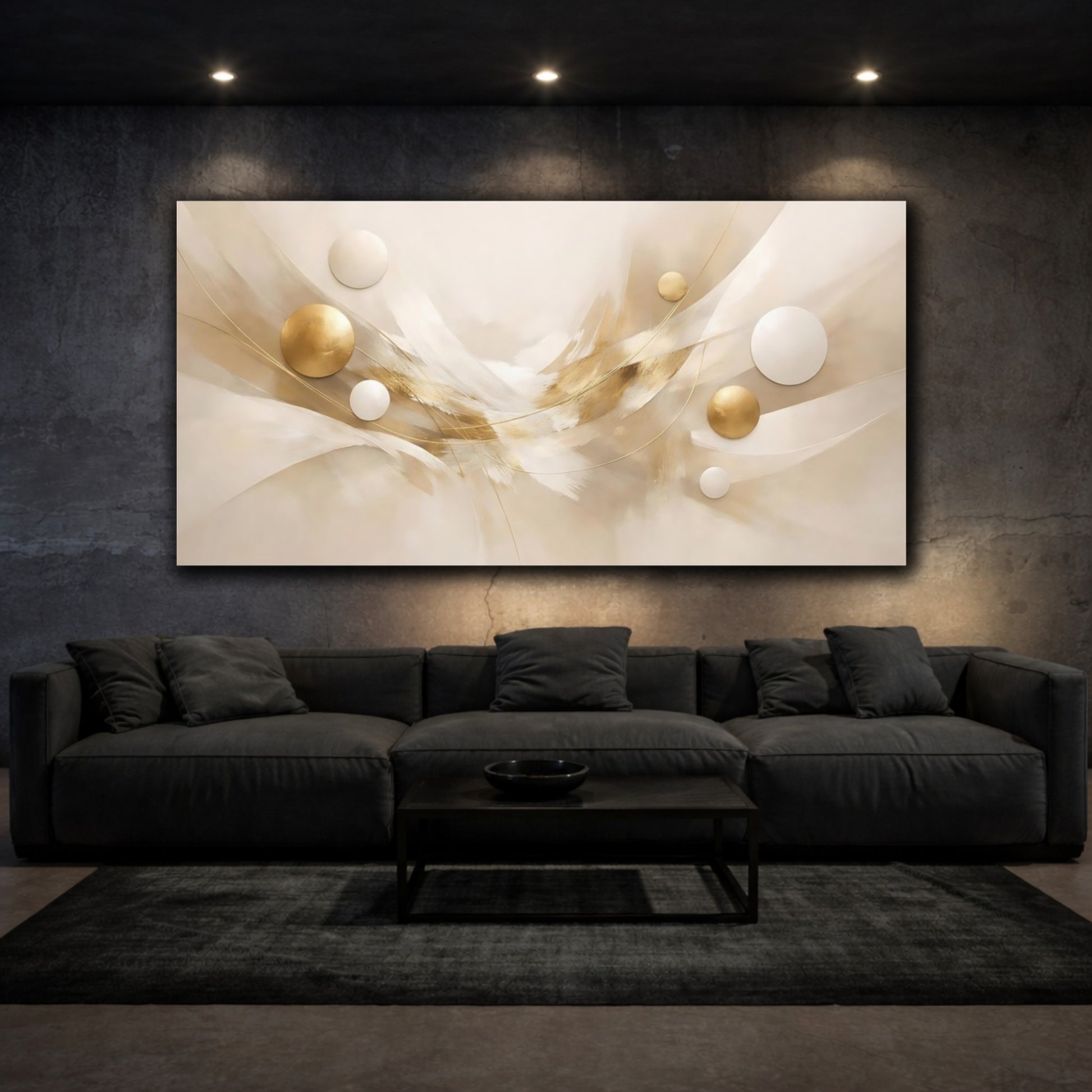 Mockup 2. Abstract Abstract Spheres Gold And Beige Abstract shown as stretched canvas wall art
