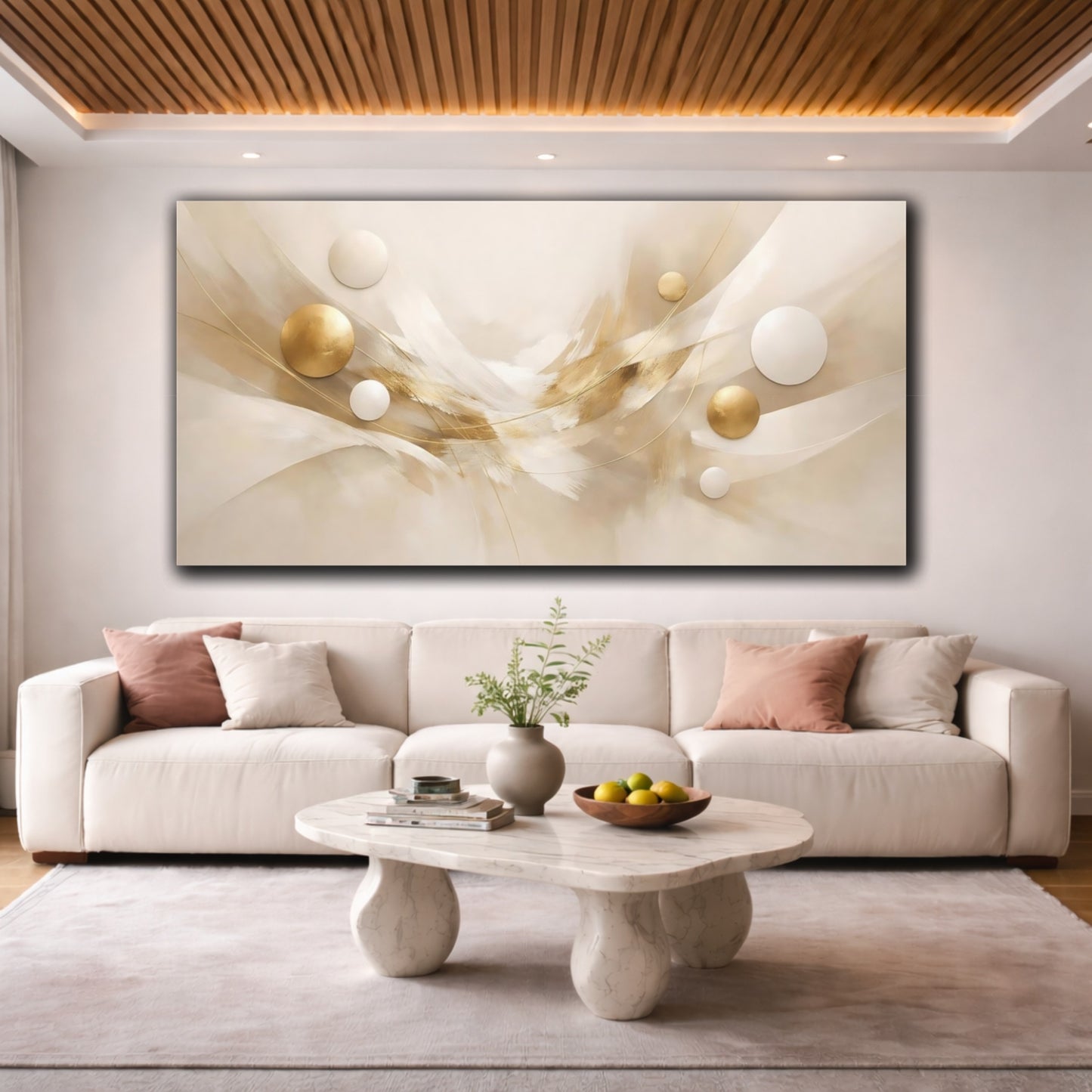 Mockup 3. Abstract Abstract Spheres Gold And Beige Abstract shown as stretched canvas wall art
