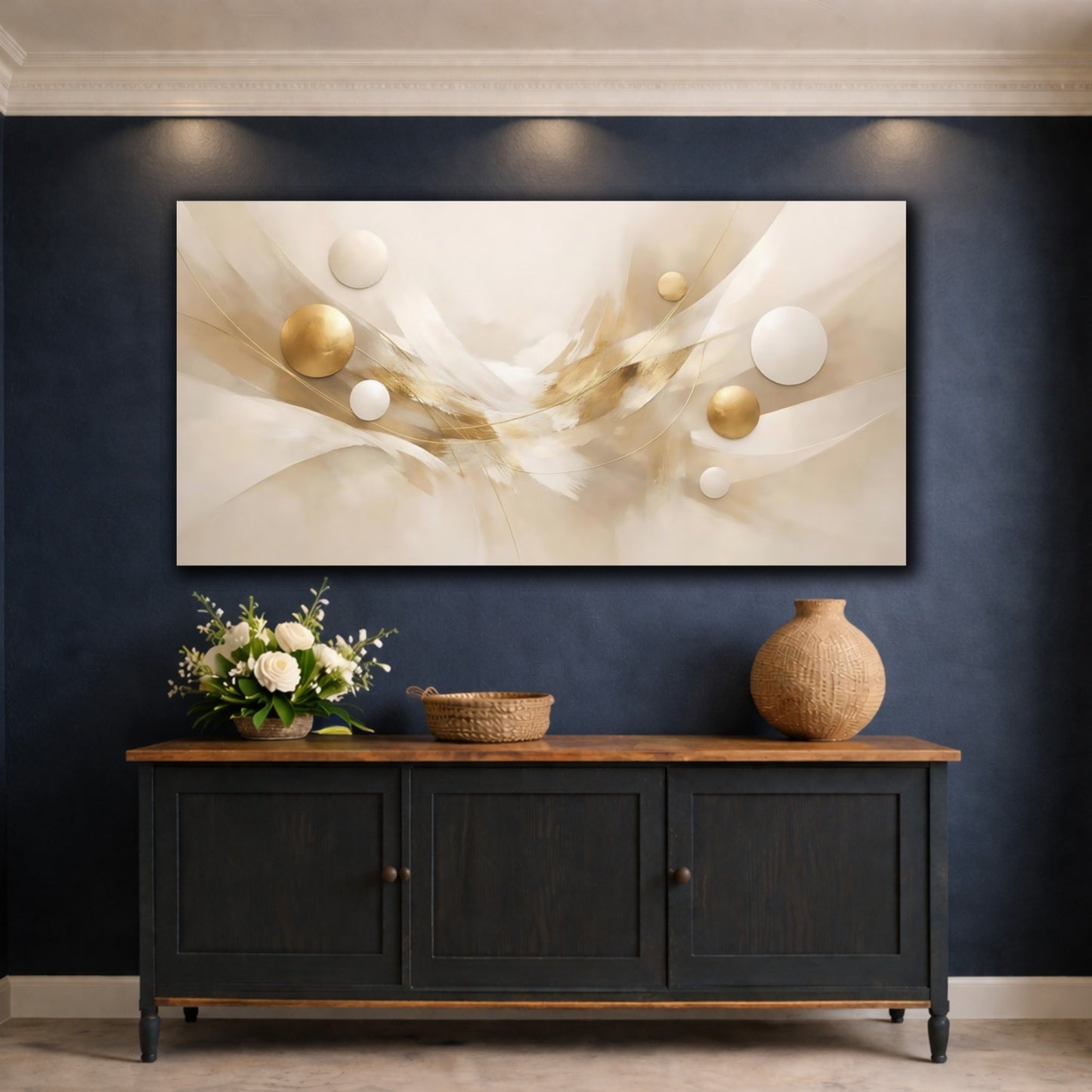 Mockup 4. Abstract Abstract Spheres Gold And Beige Abstract shown as stretched canvas wall art