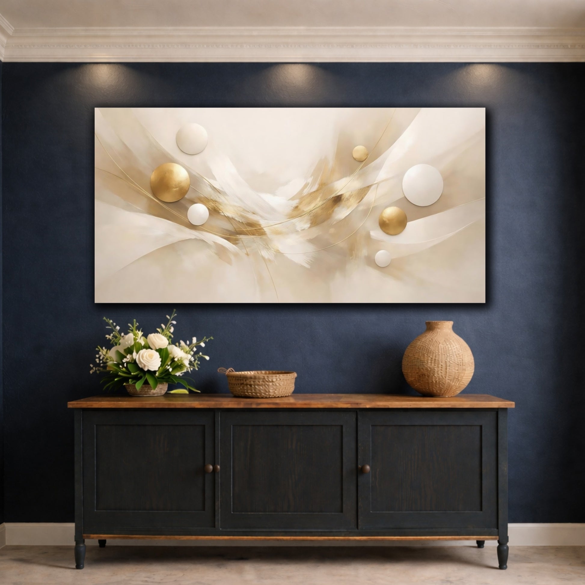 Mockup 4. Abstract Abstract Spheres Gold And Beige Abstract shown as stretched canvas wall art