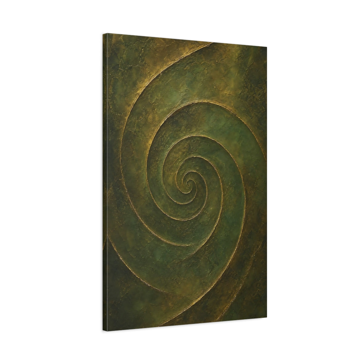 Main Mockup. Abstract Abstract Spiral Green Gold Abstract shown as stretched canvas wall art