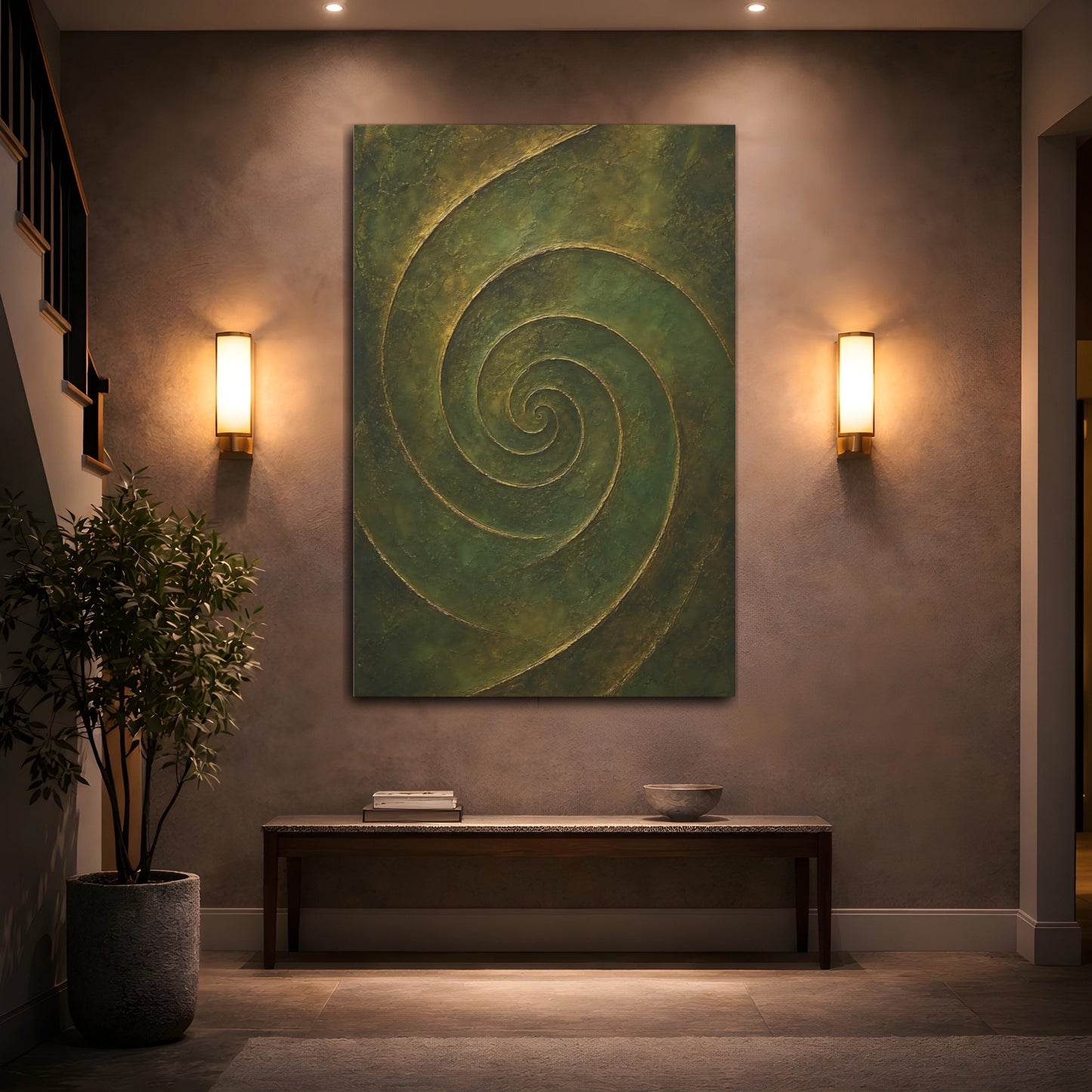 Mockup 2. Abstract Abstract Spiral Green Gold Abstract shown as stretched canvas wall art
