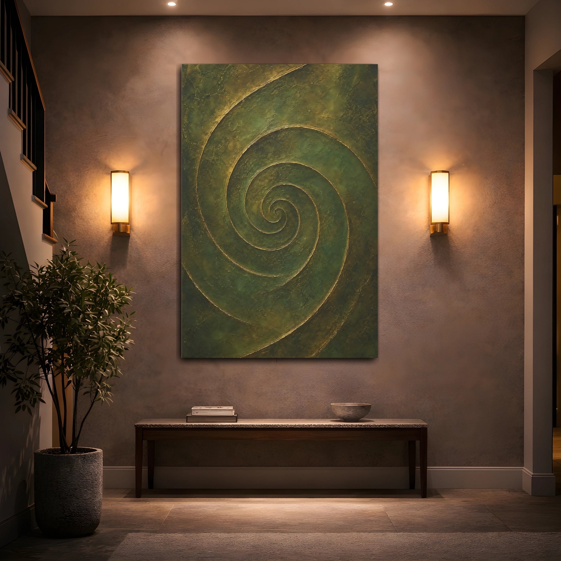 Mockup 2. Abstract Abstract Spiral Green Gold Abstract shown as stretched canvas wall art