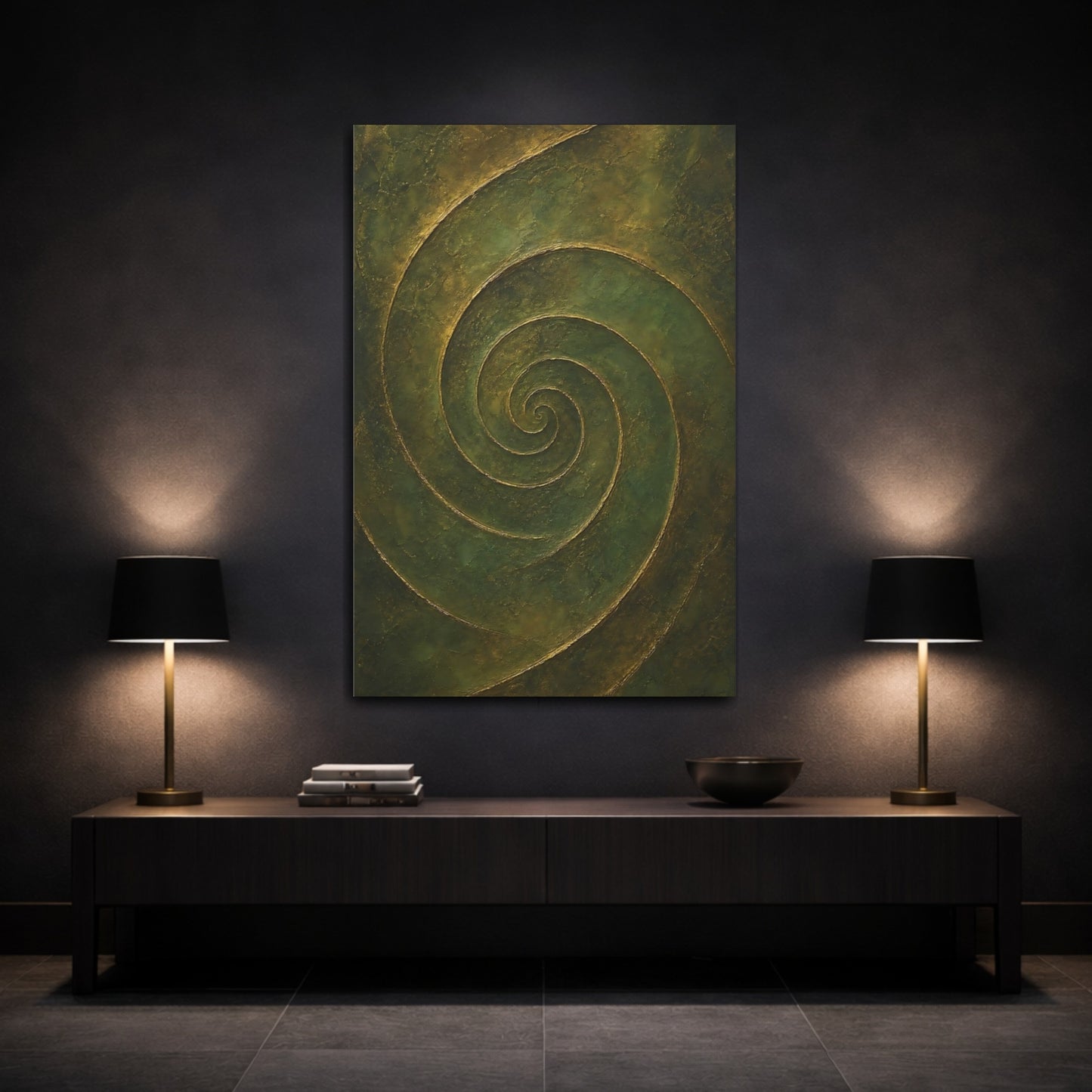 Mockup 3. Abstract Abstract Spiral Green Gold Abstract shown as stretched canvas wall art