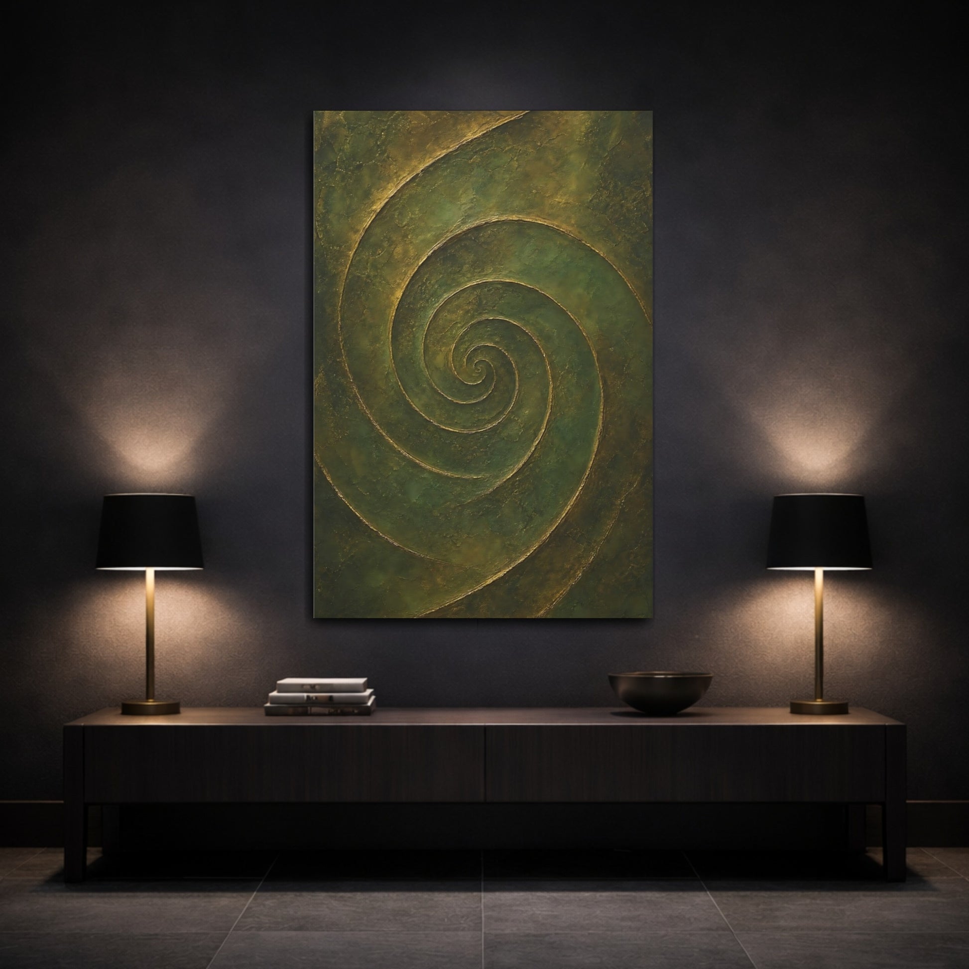 Mockup 3. Abstract Abstract Spiral Green Gold Abstract shown as stretched canvas wall art