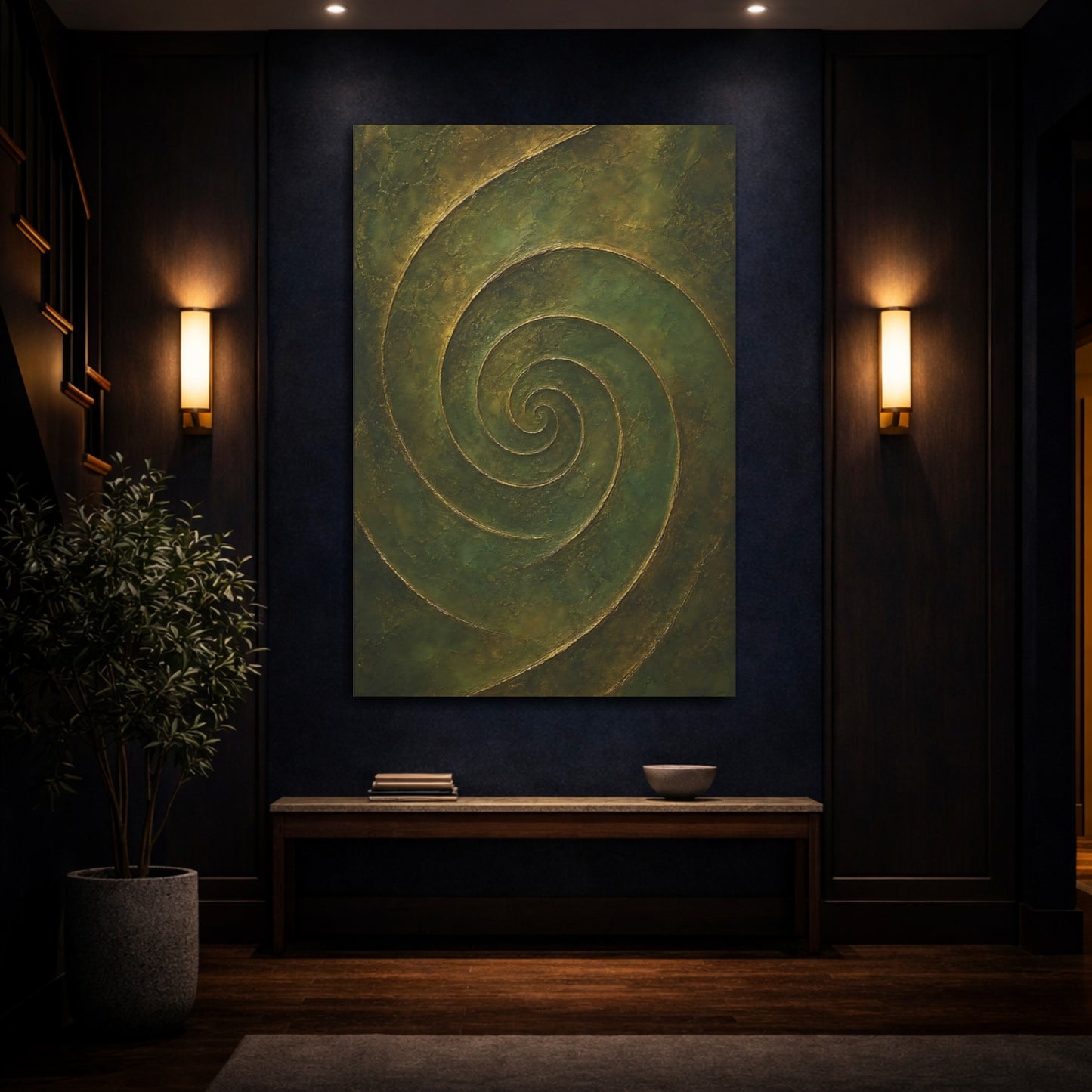 Mockup 4. Abstract Abstract Spiral Green Gold Abstract shown as stretched canvas wall art