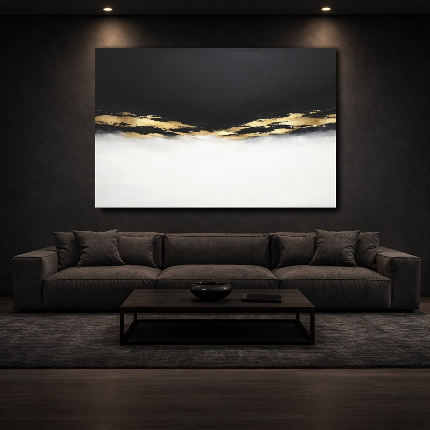 Mockup 2. Abstract Abstract Strokes Black And Gold shown as stretched canvas wall art