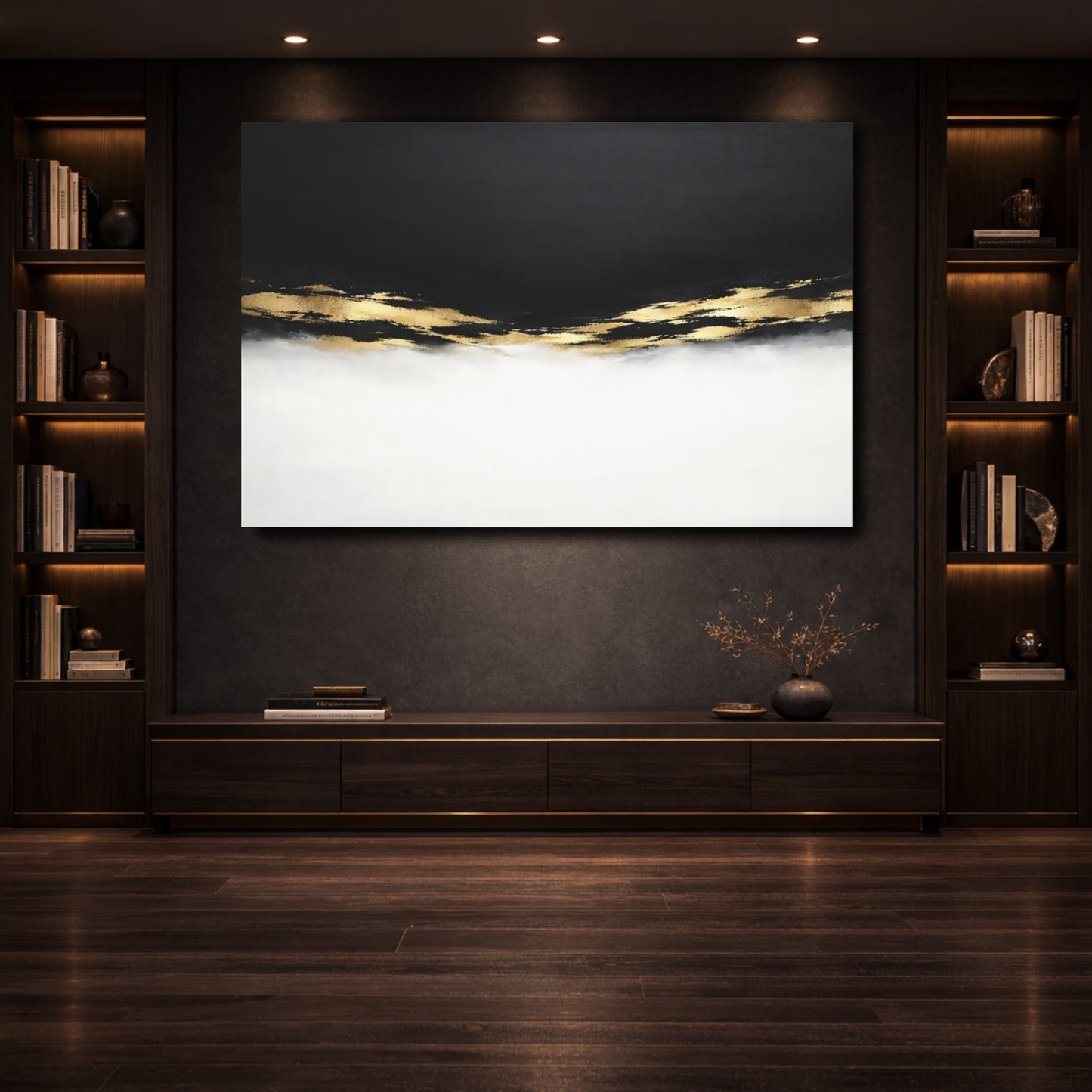 Mockup 3. Abstract Abstract Strokes Black And Gold shown as stretched canvas wall art