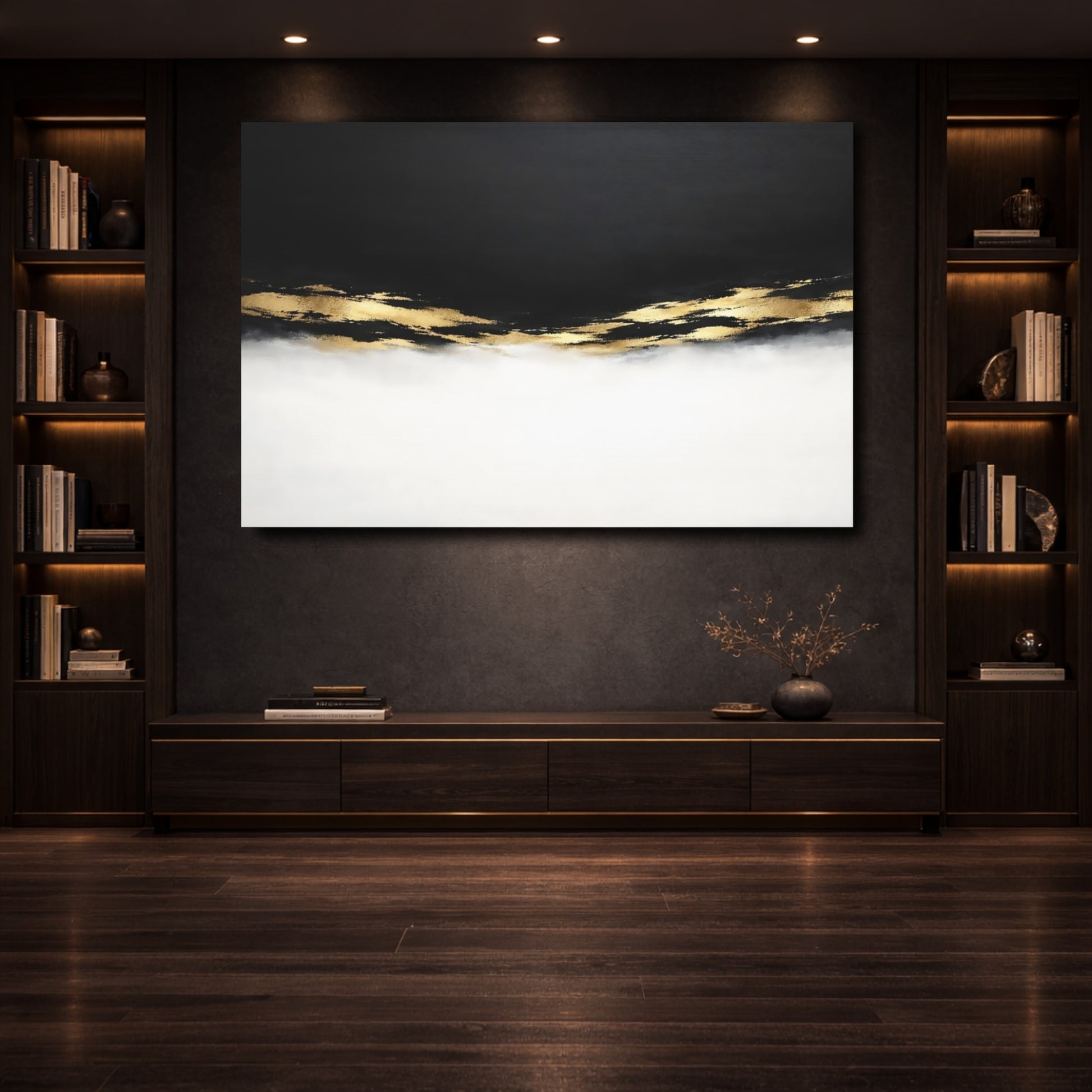 Mockup 3. Abstract Abstract Strokes Black And Gold shown as stretched canvas wall art