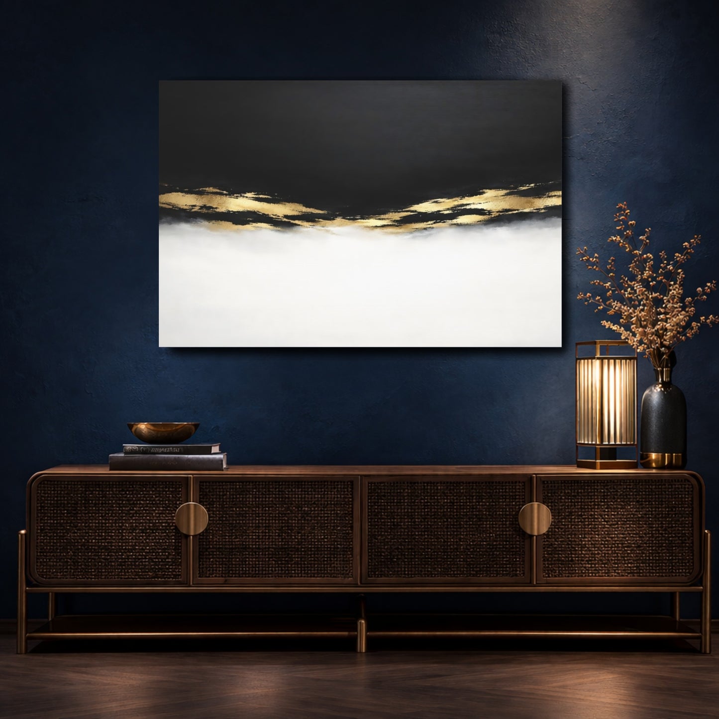 Mockup 4. Abstract Abstract Strokes Black And Gold shown as stretched canvas wall art