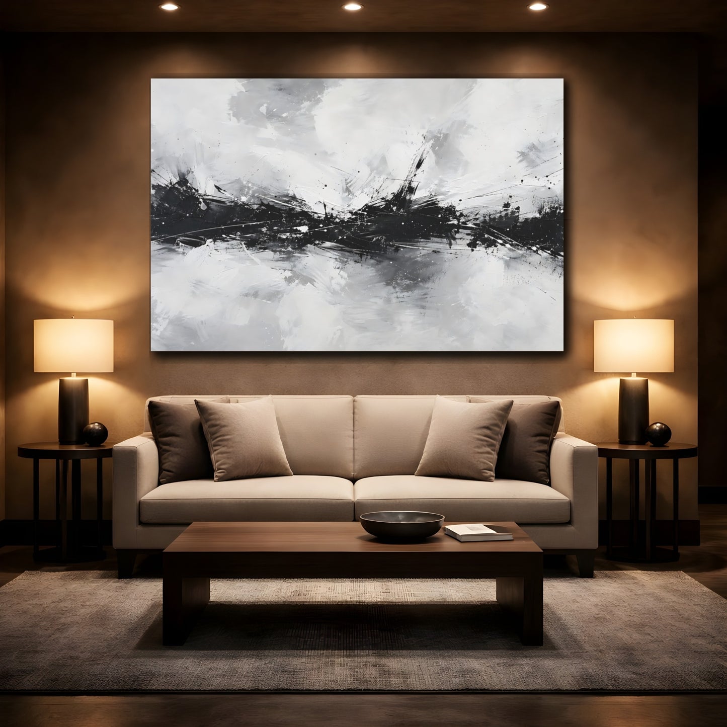 Mockup 2. Abstract Abstract Strokes Black And White Abstract shown as stretched canvas wall art