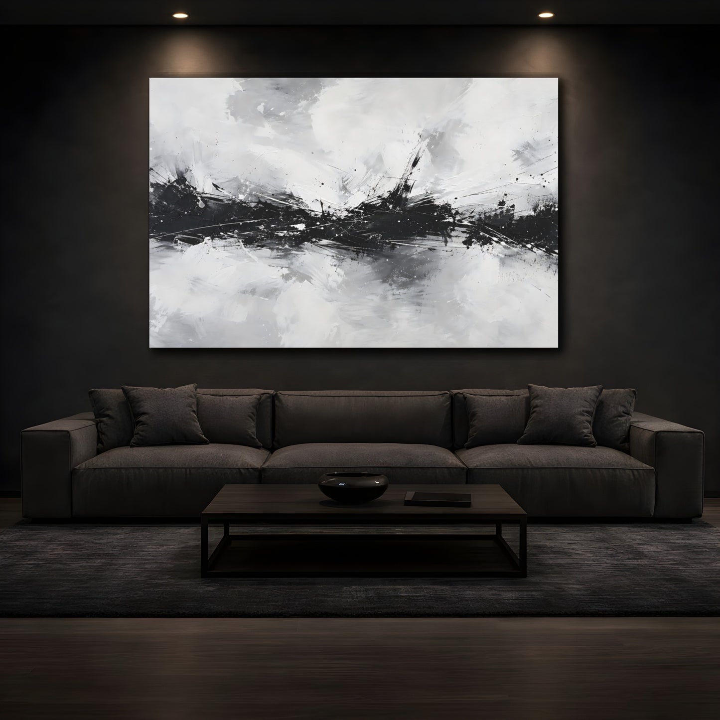 Mockup 3. Abstract Abstract Strokes Black And White Abstract shown as stretched canvas wall art