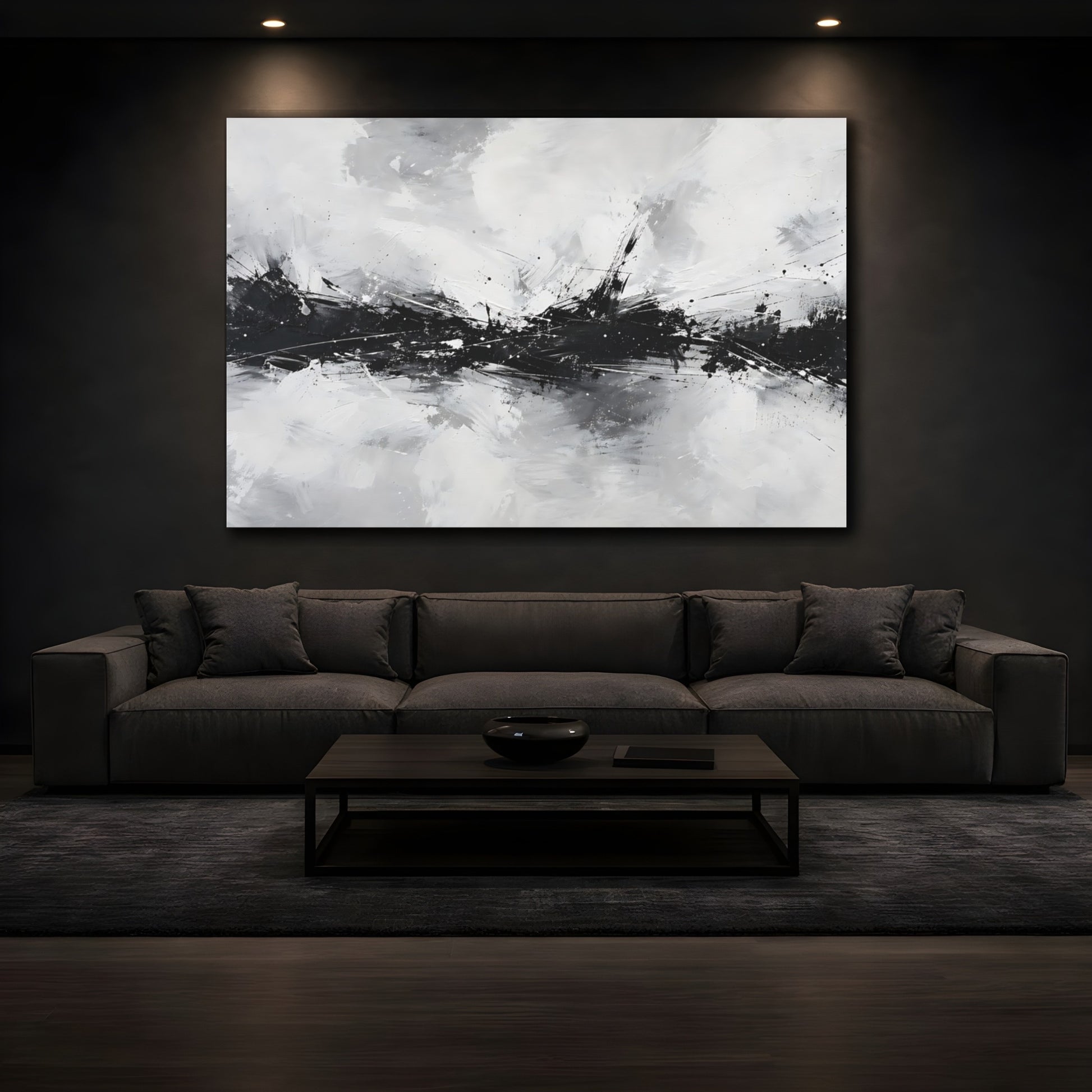 Mockup 3. Abstract Abstract Strokes Black And White Abstract shown as stretched canvas wall art