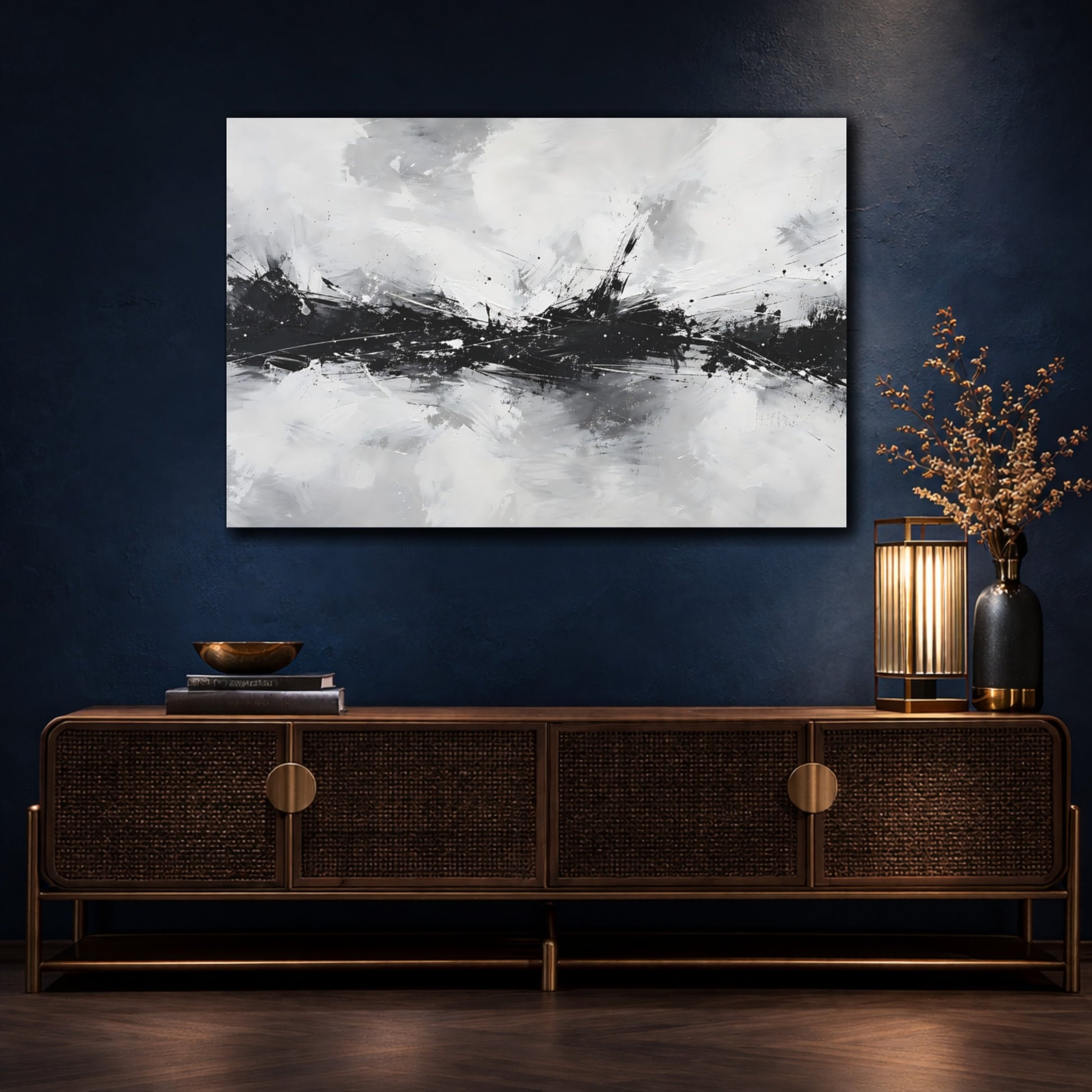 Mockup 4. Abstract Abstract Strokes Black And White Abstract shown as stretched canvas wall art