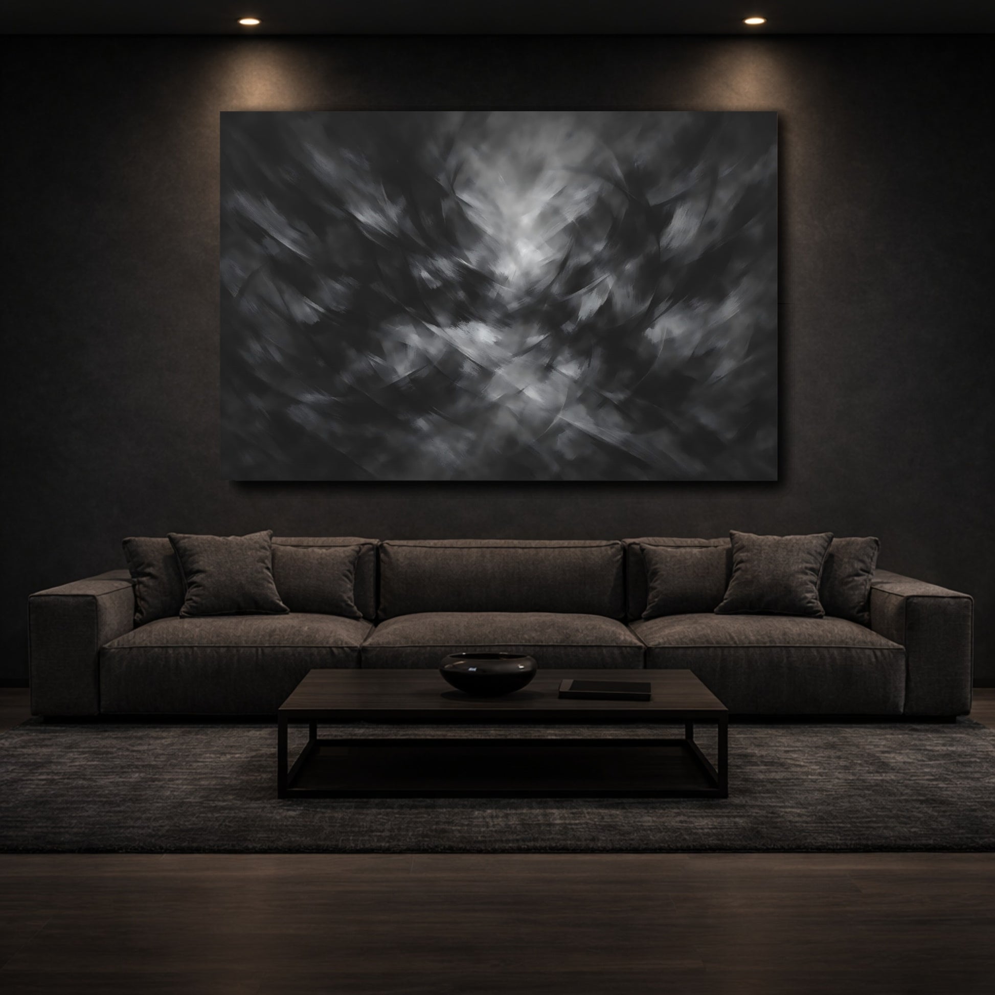 Mockup 2. Abstract Abstract Strokes Black And White shown as stretched canvas wall art