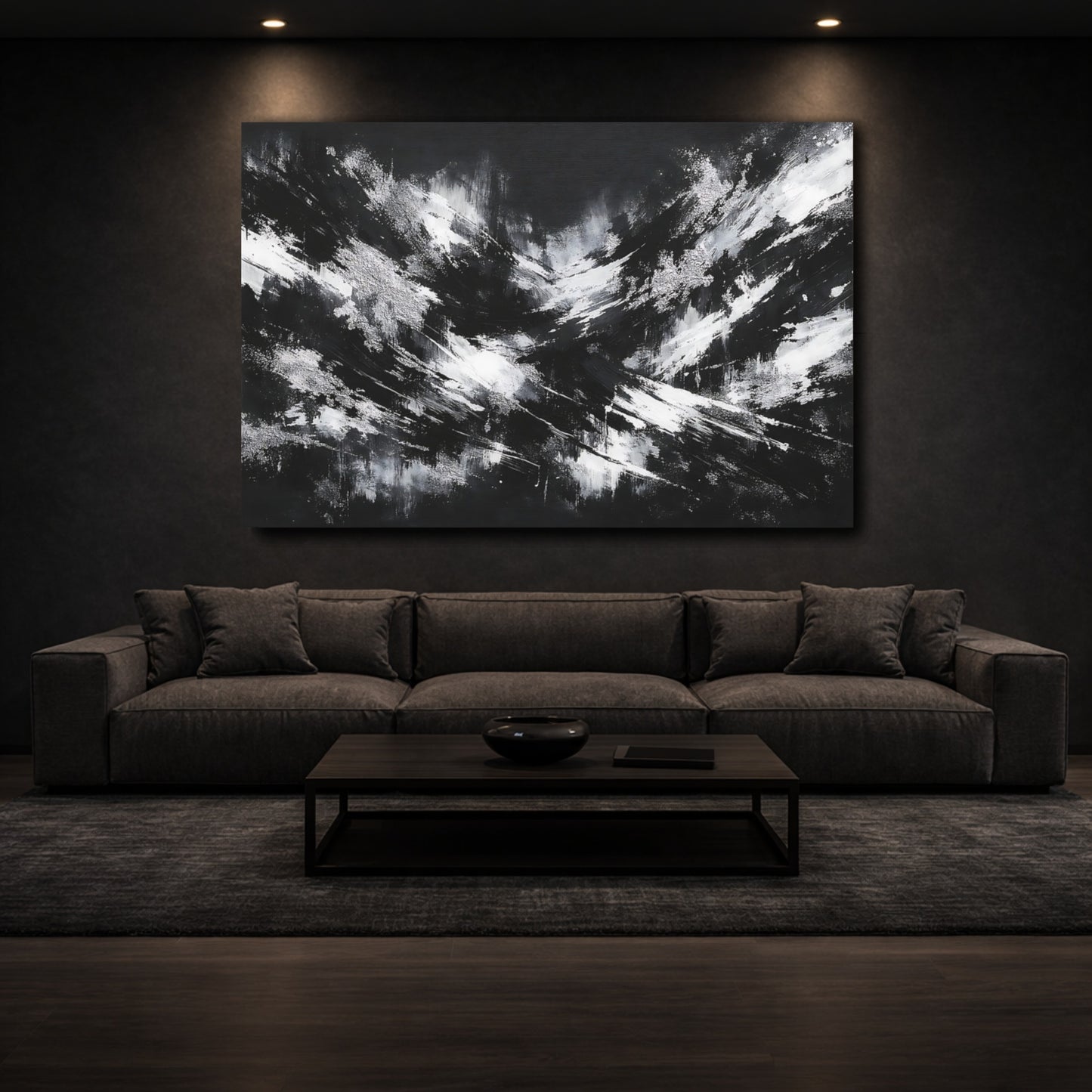Mockup 2. Abstract Abstract Strokes Black And White shown as stretched canvas wall art