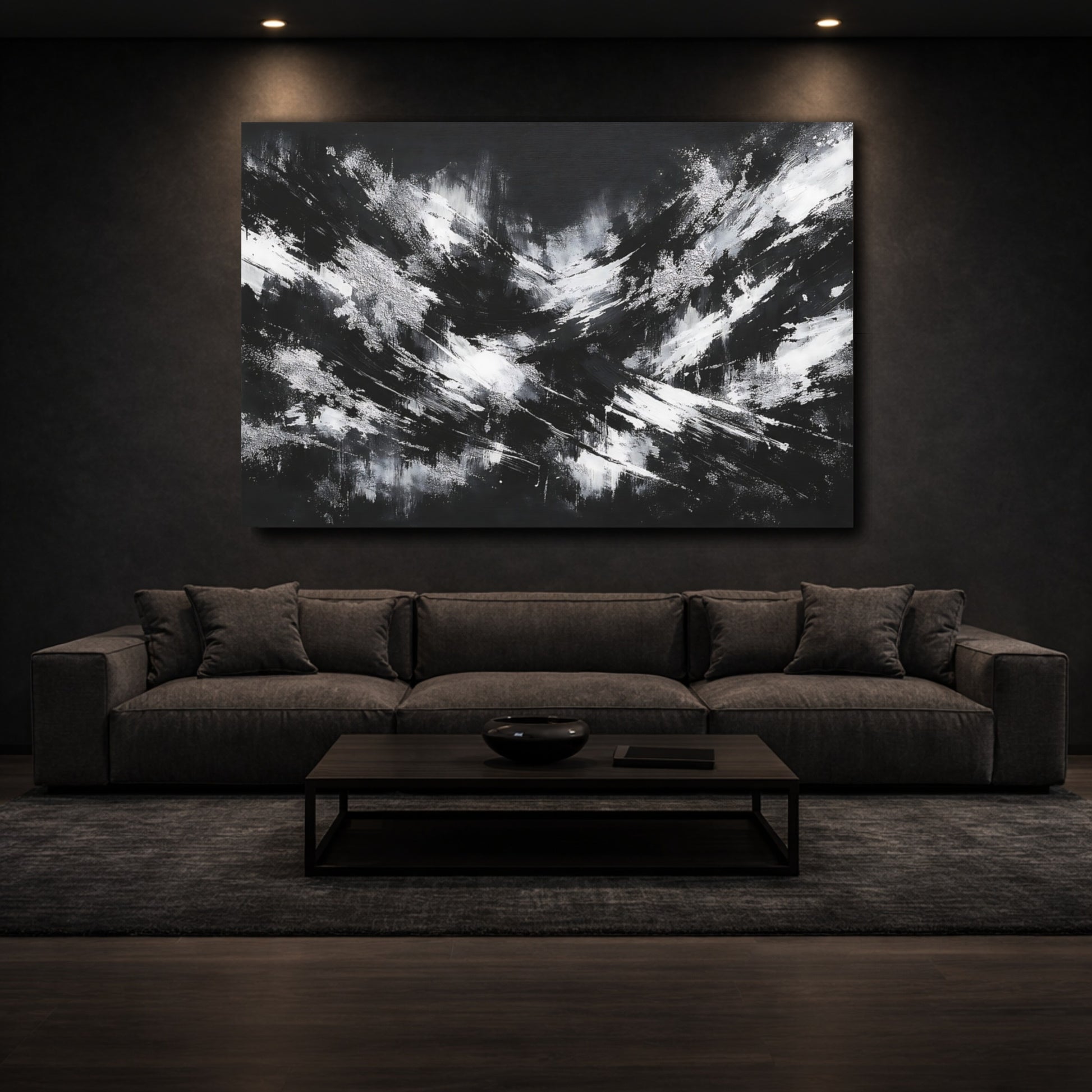 Mockup 2. Abstract Abstract Strokes Black And White shown as stretched canvas wall art