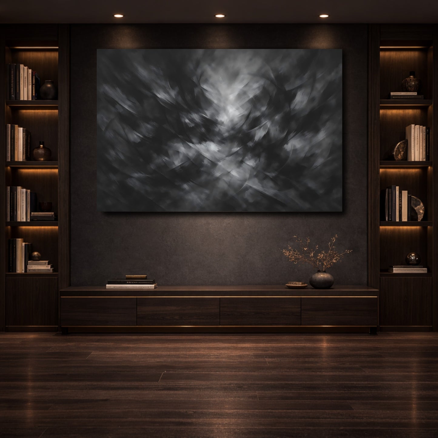 Mockup 3. Abstract Abstract Strokes Black And White shown as stretched canvas wall art