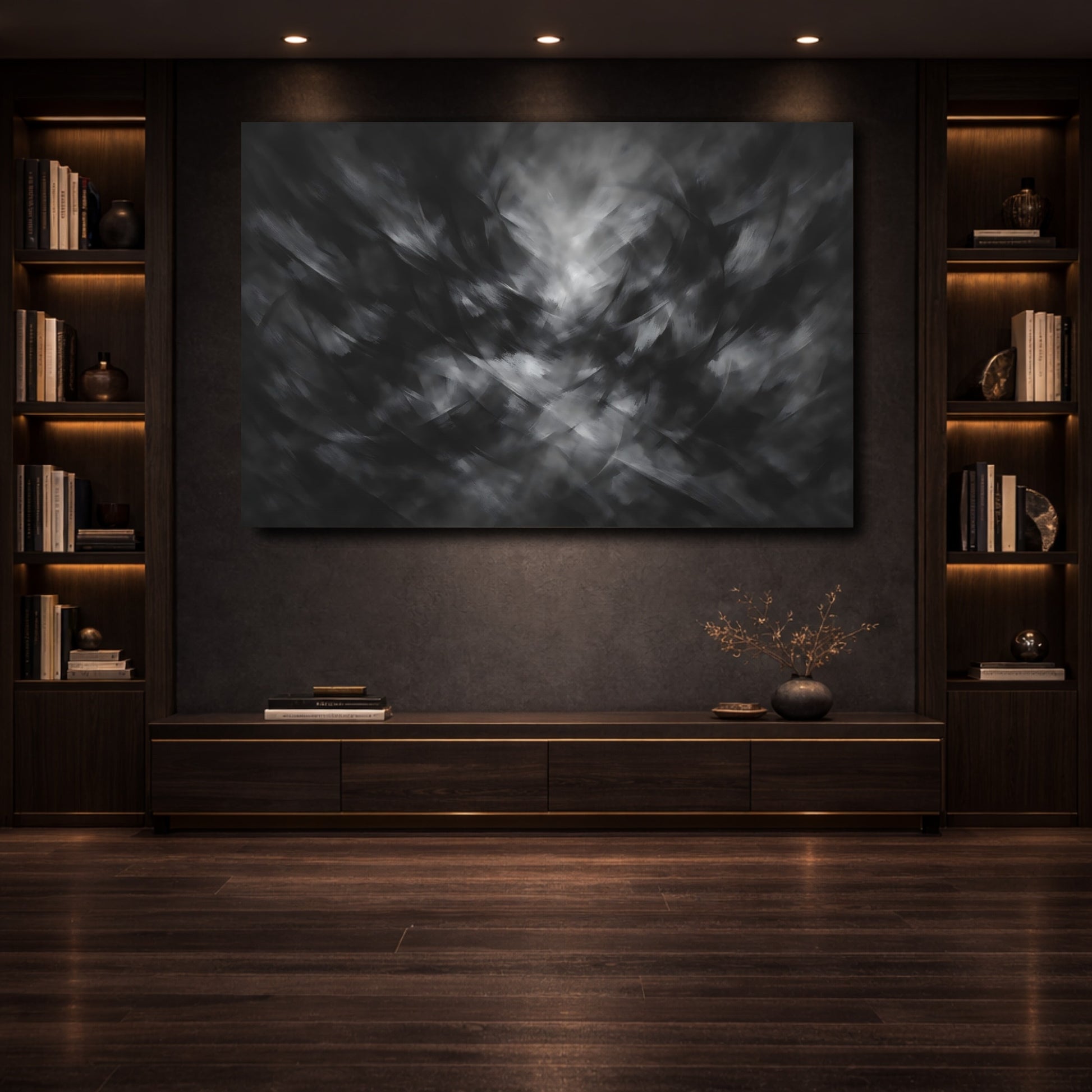 Mockup 3. Abstract Abstract Strokes Black And White shown as stretched canvas wall art