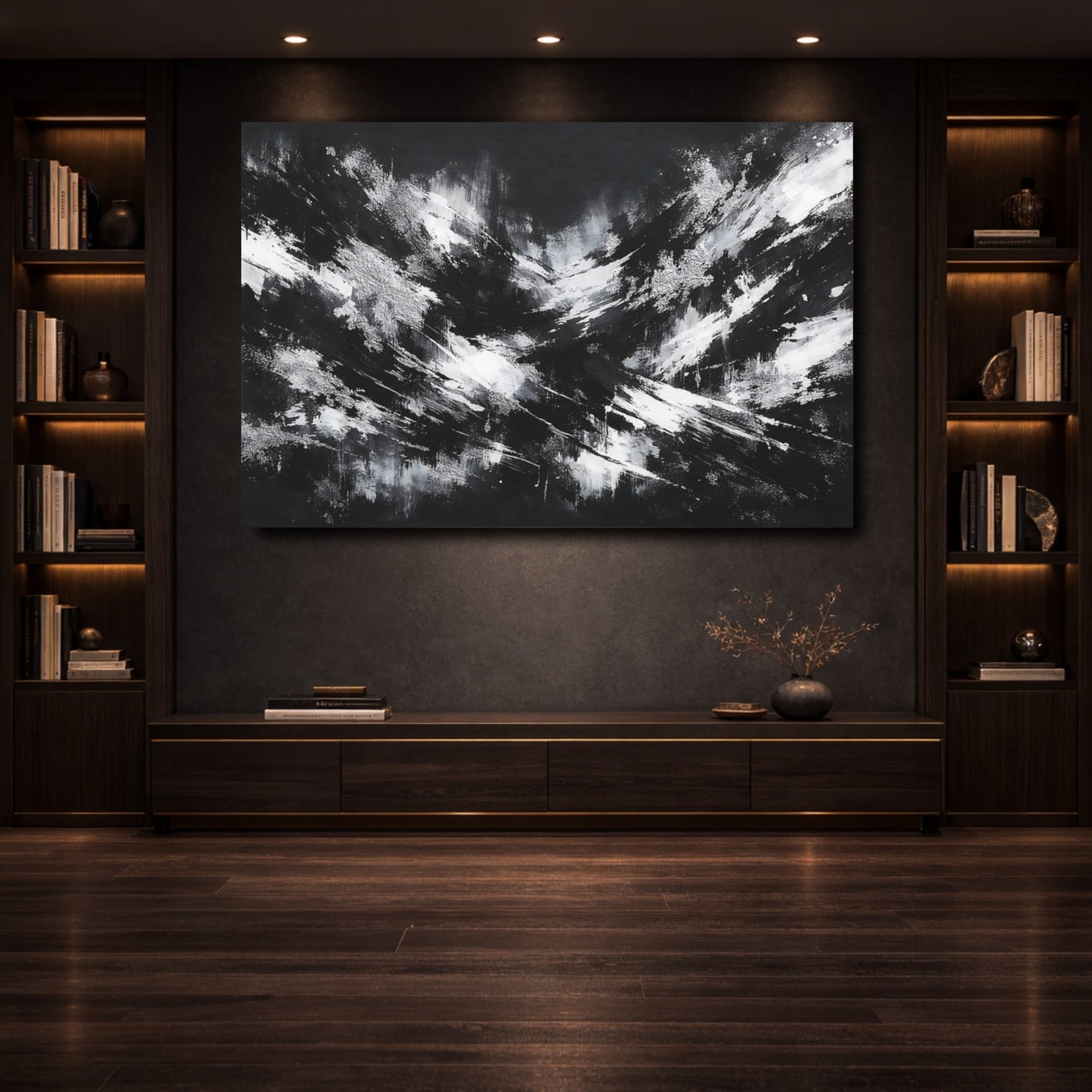 Mockup 3. Abstract Abstract Strokes Black And White shown as stretched canvas wall art