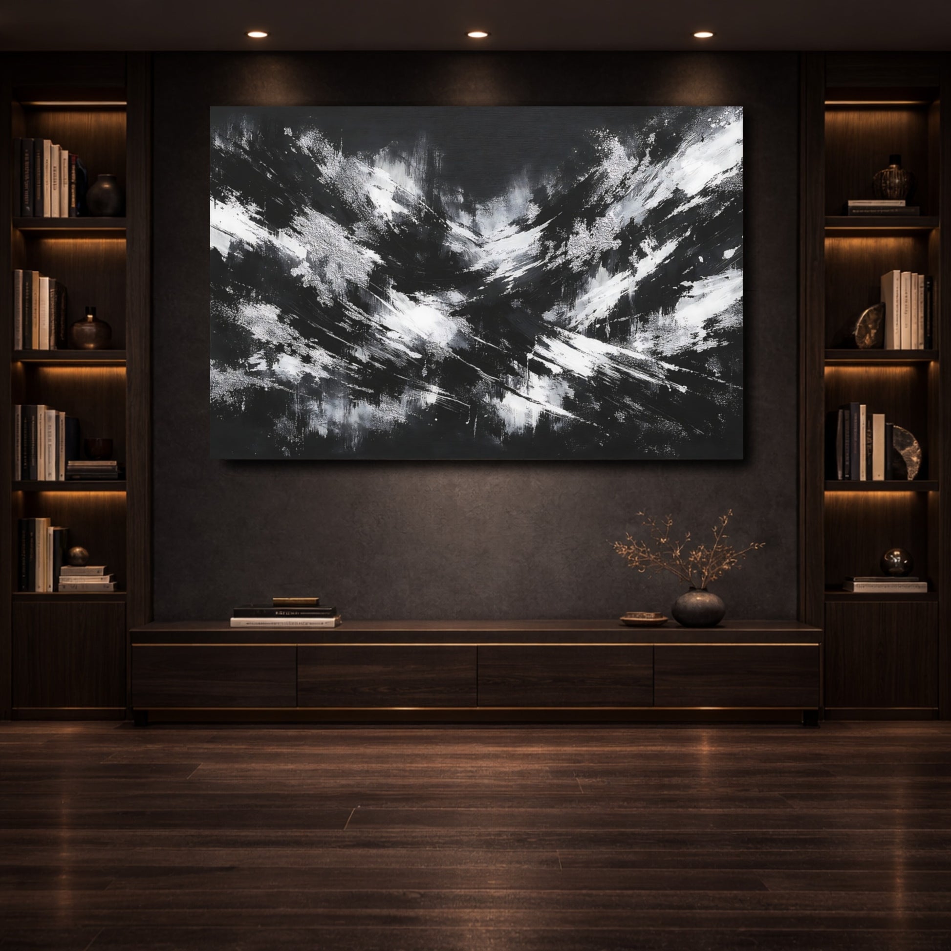 Mockup 3. Abstract Abstract Strokes Black And White shown as stretched canvas wall art
