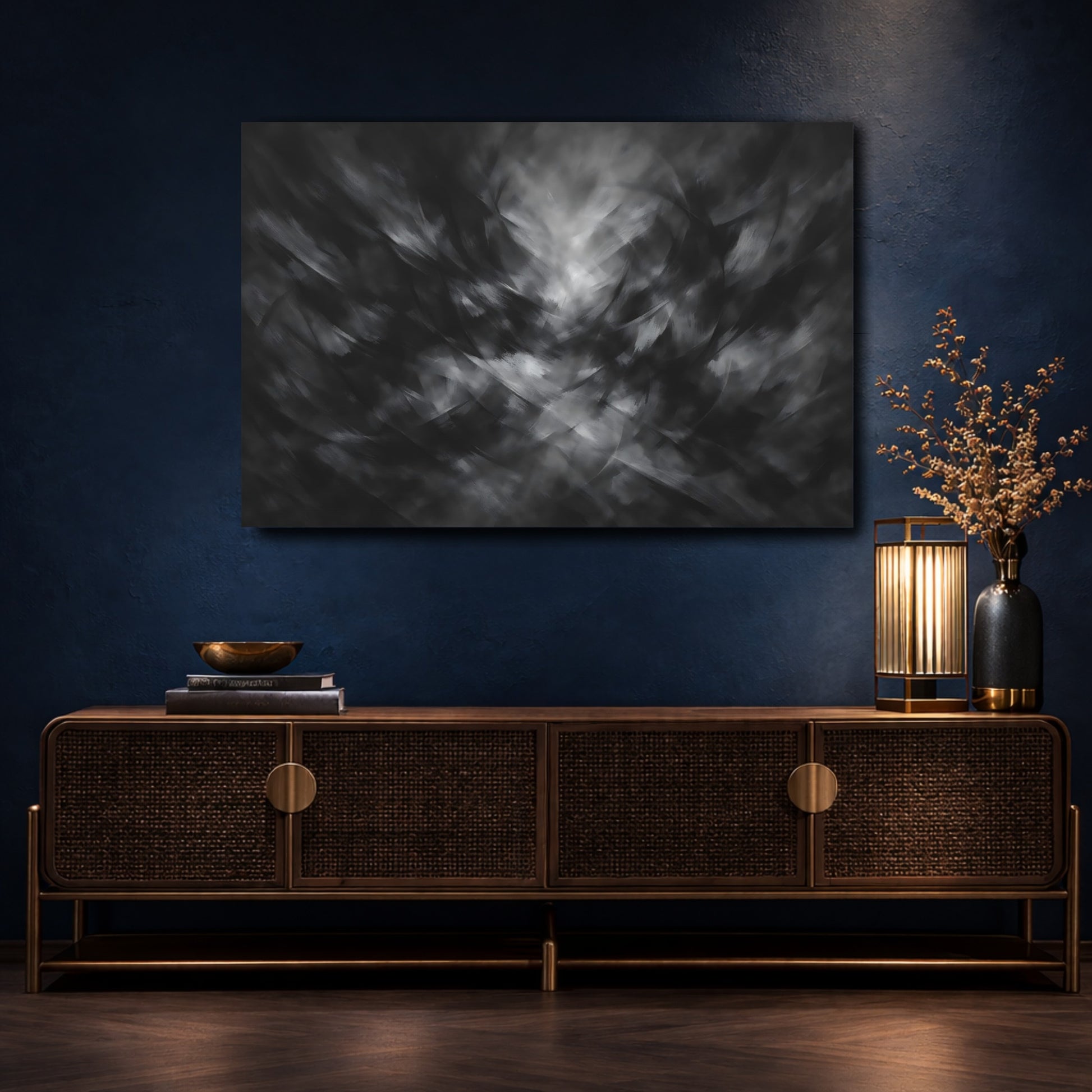 Mockup 4. Abstract Abstract Strokes Black And White shown as stretched canvas wall art