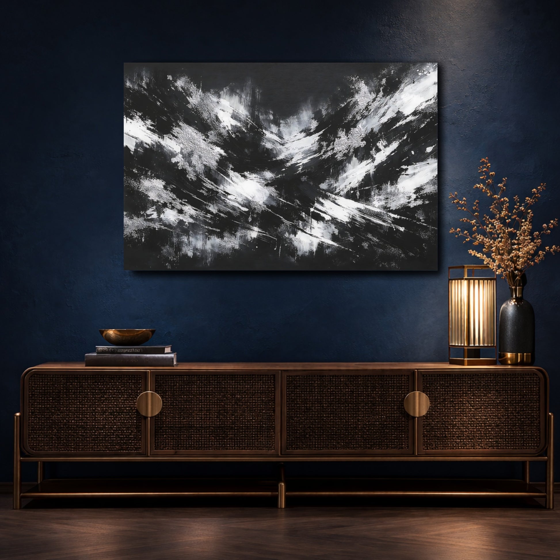 Mockup 4. Abstract Abstract Strokes Black And White shown as stretched canvas wall art