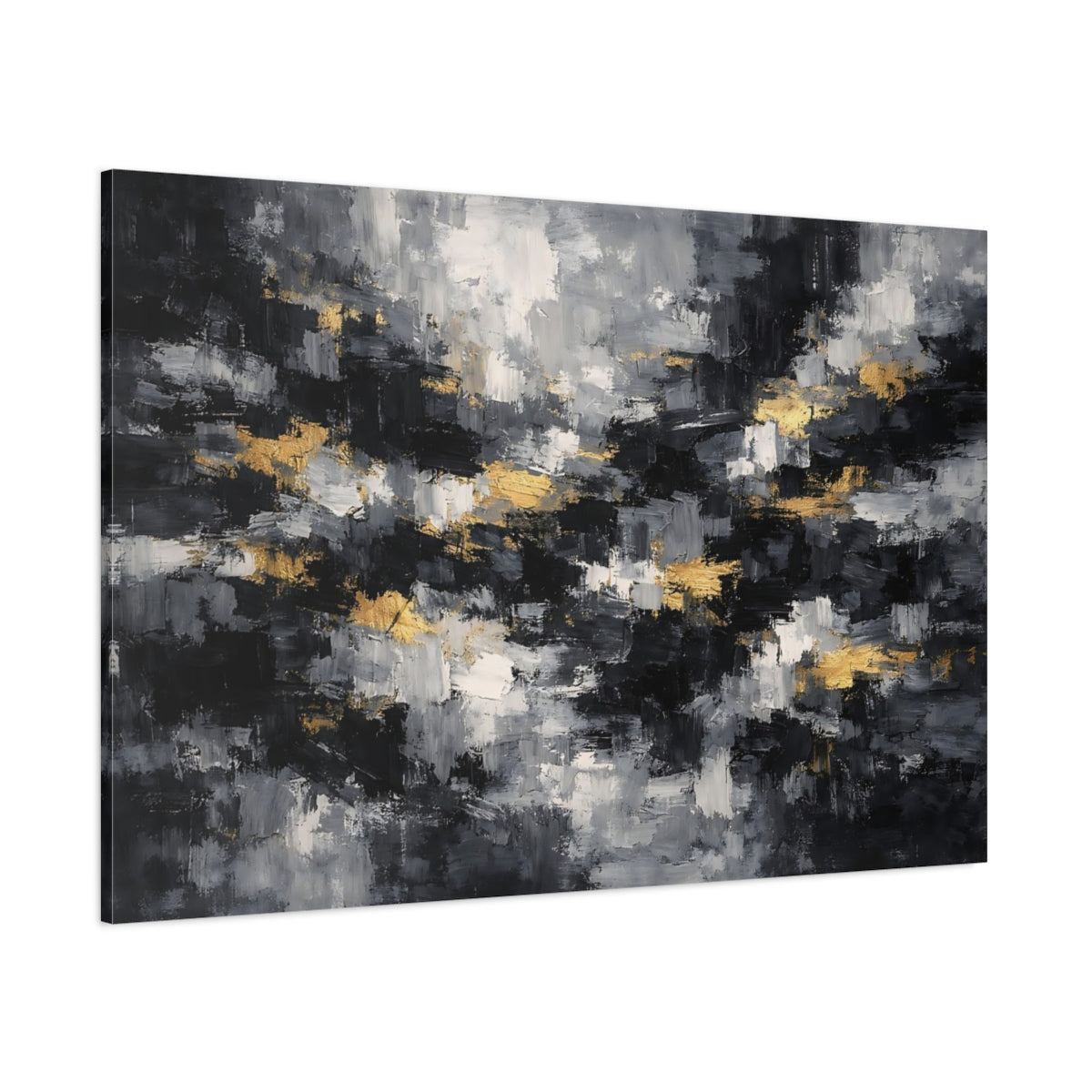 Main Mockup. Abstract Abstract Strokes Black Gray Gold shown as stretched canvas wall art