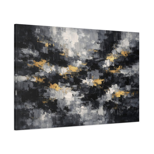 Main Mockup. Abstract Abstract Strokes Black Gray Gold shown as stretched canvas wall art