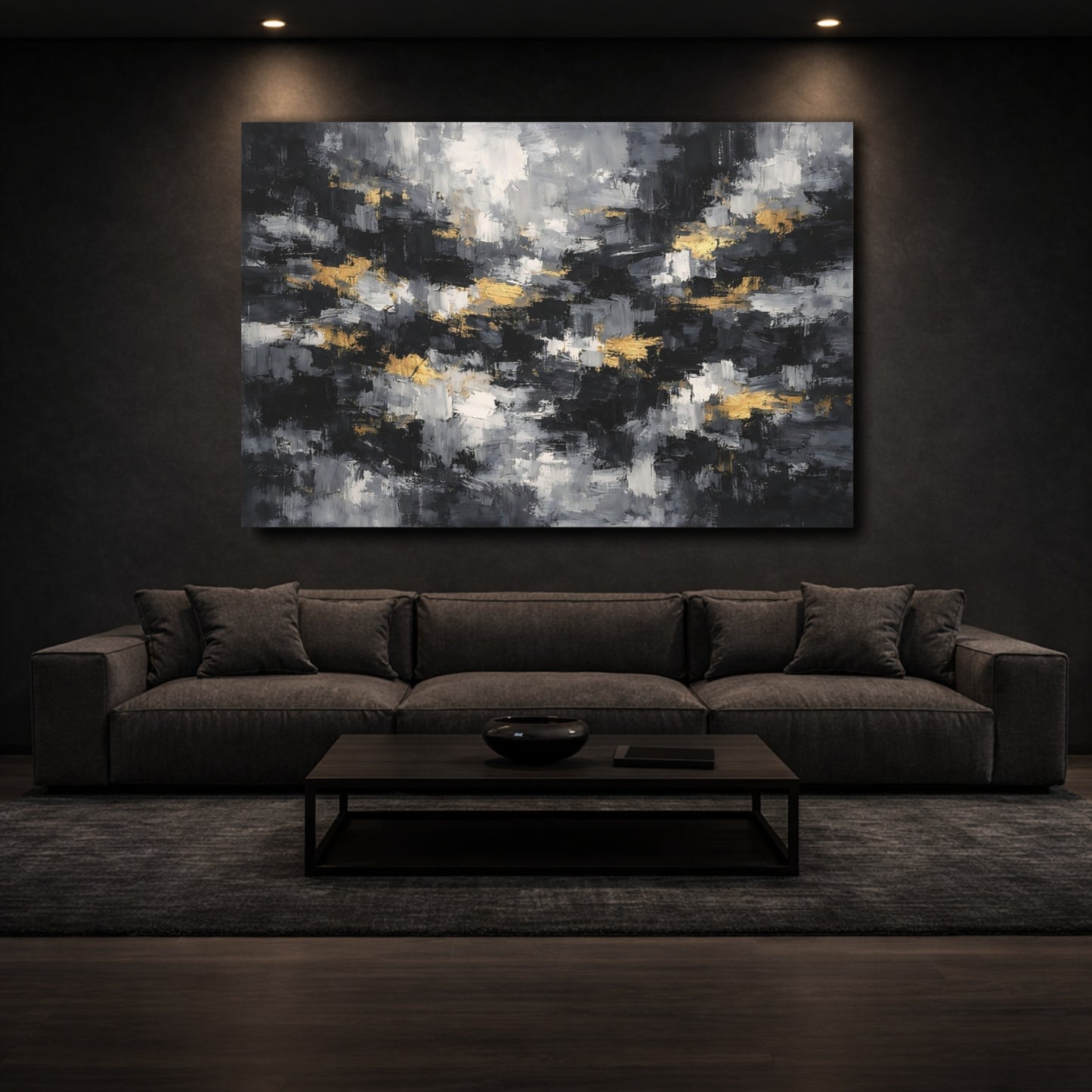 Mockup 2. Abstract Abstract Strokes Black Gray Gold shown as stretched canvas wall art