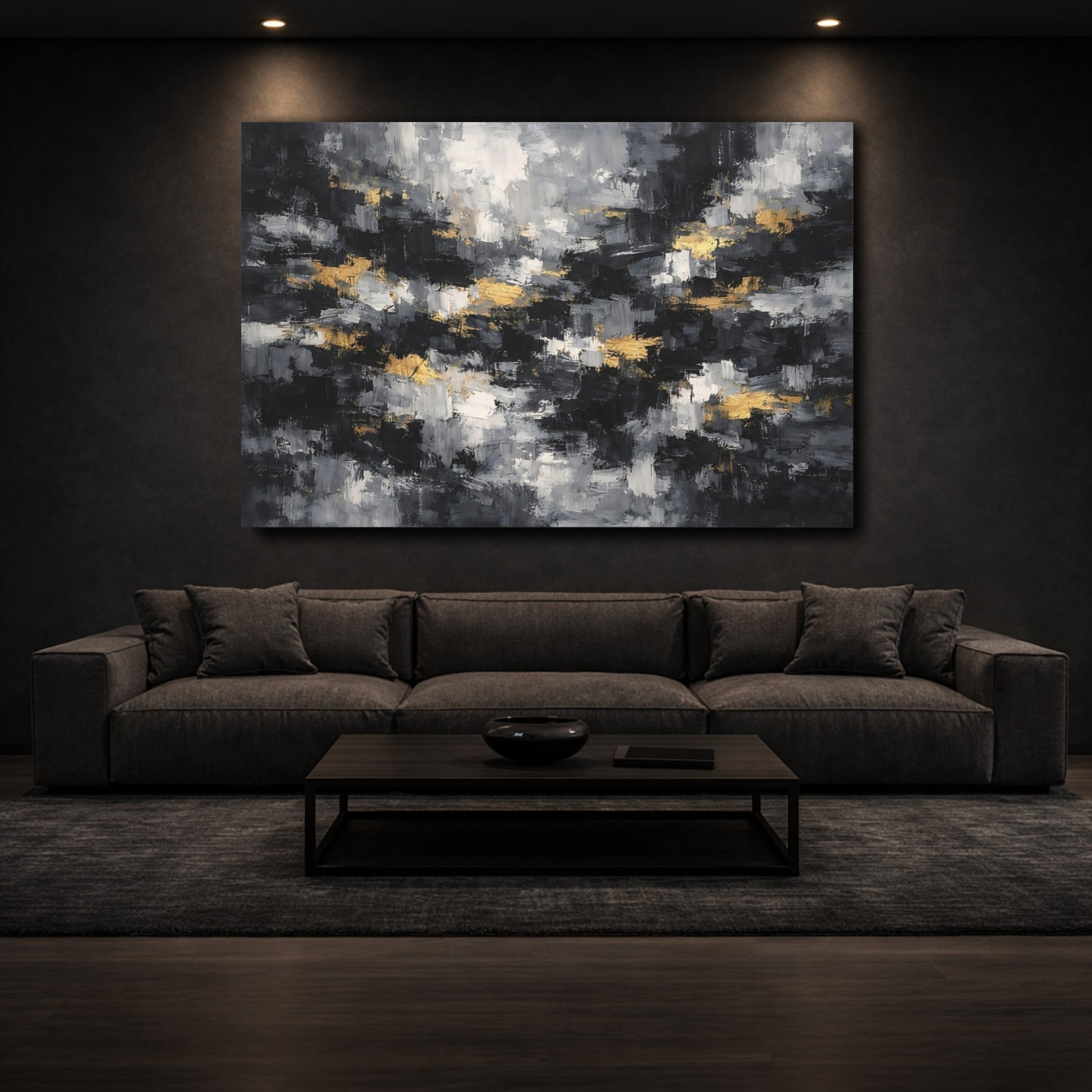 Mockup 2. Abstract Abstract Strokes Black Gray Gold shown as stretched canvas wall art