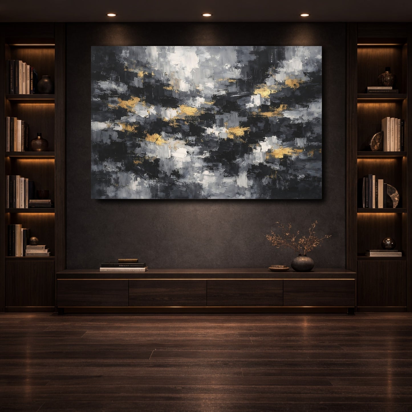 Mockup 3. Abstract Abstract Strokes Black Gray Gold shown as stretched canvas wall art