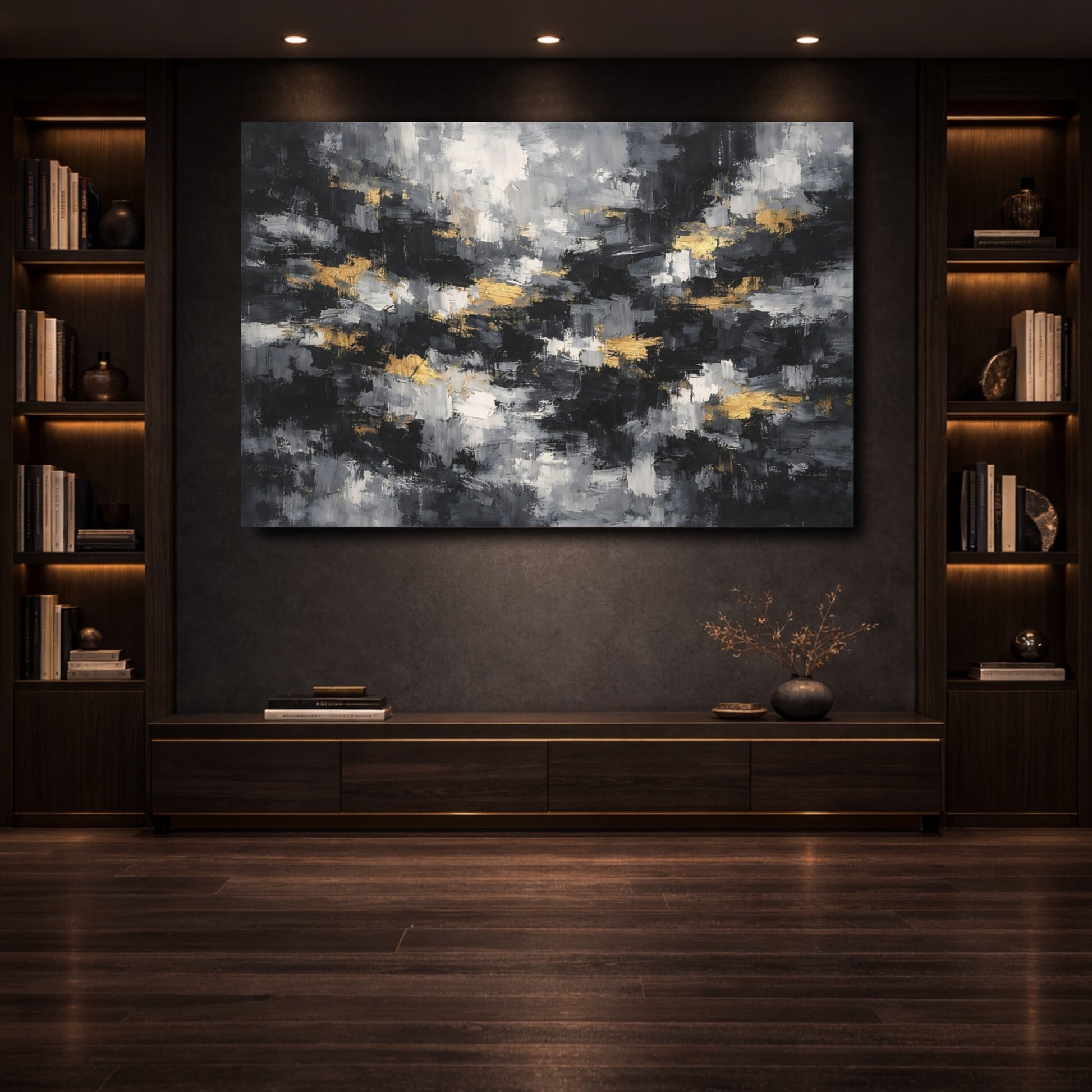 Mockup 3. Abstract Abstract Strokes Black Gray Gold shown as stretched canvas wall art