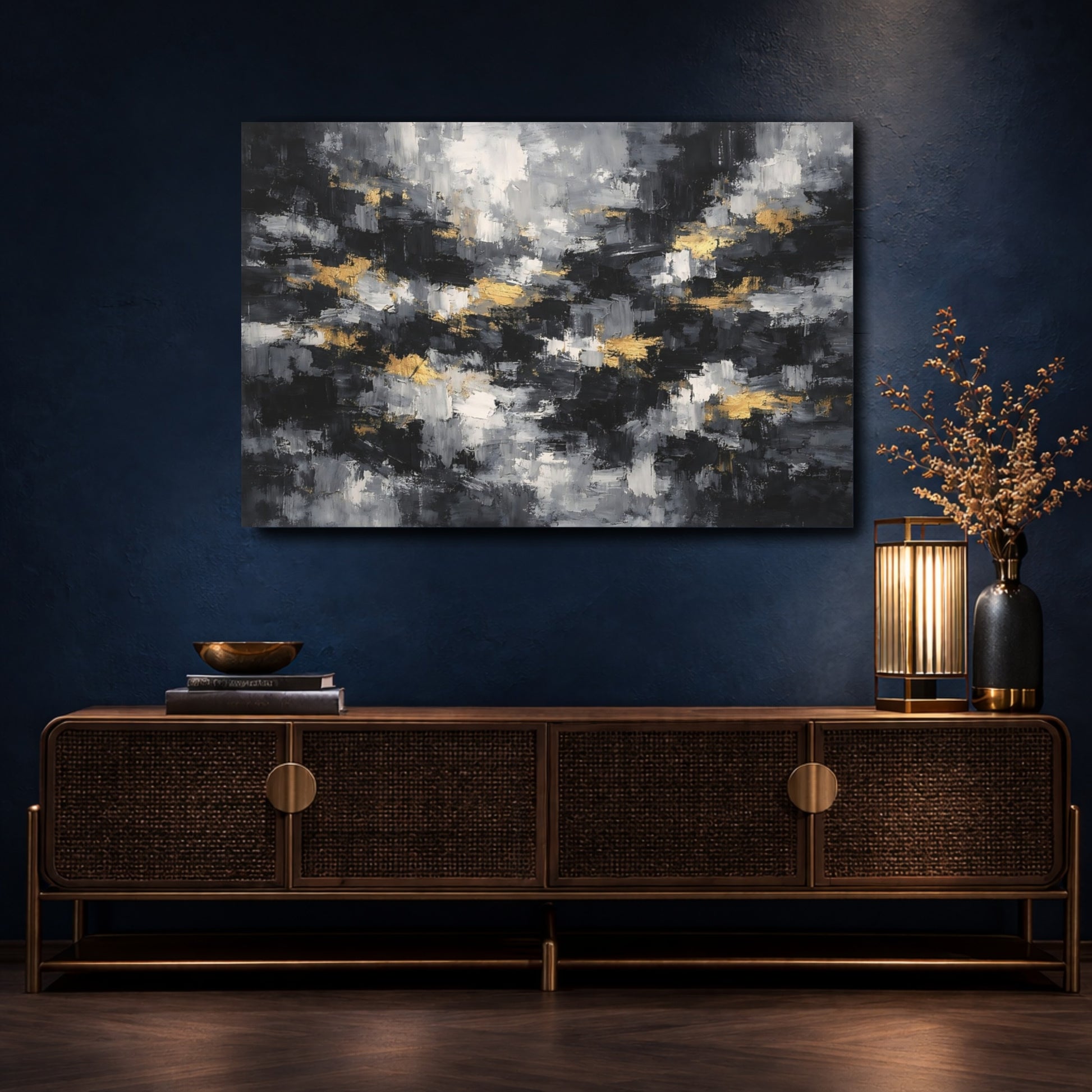 Mockup 4. Abstract Abstract Strokes Black Gray Gold shown as stretched canvas wall art