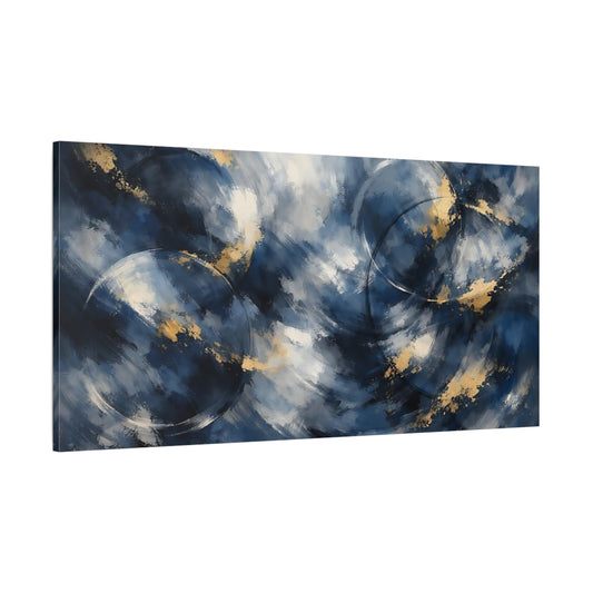 Main Mockup. Abstract Abstract Strokes Blue And Gold Abstract shown as stretched canvas wall art