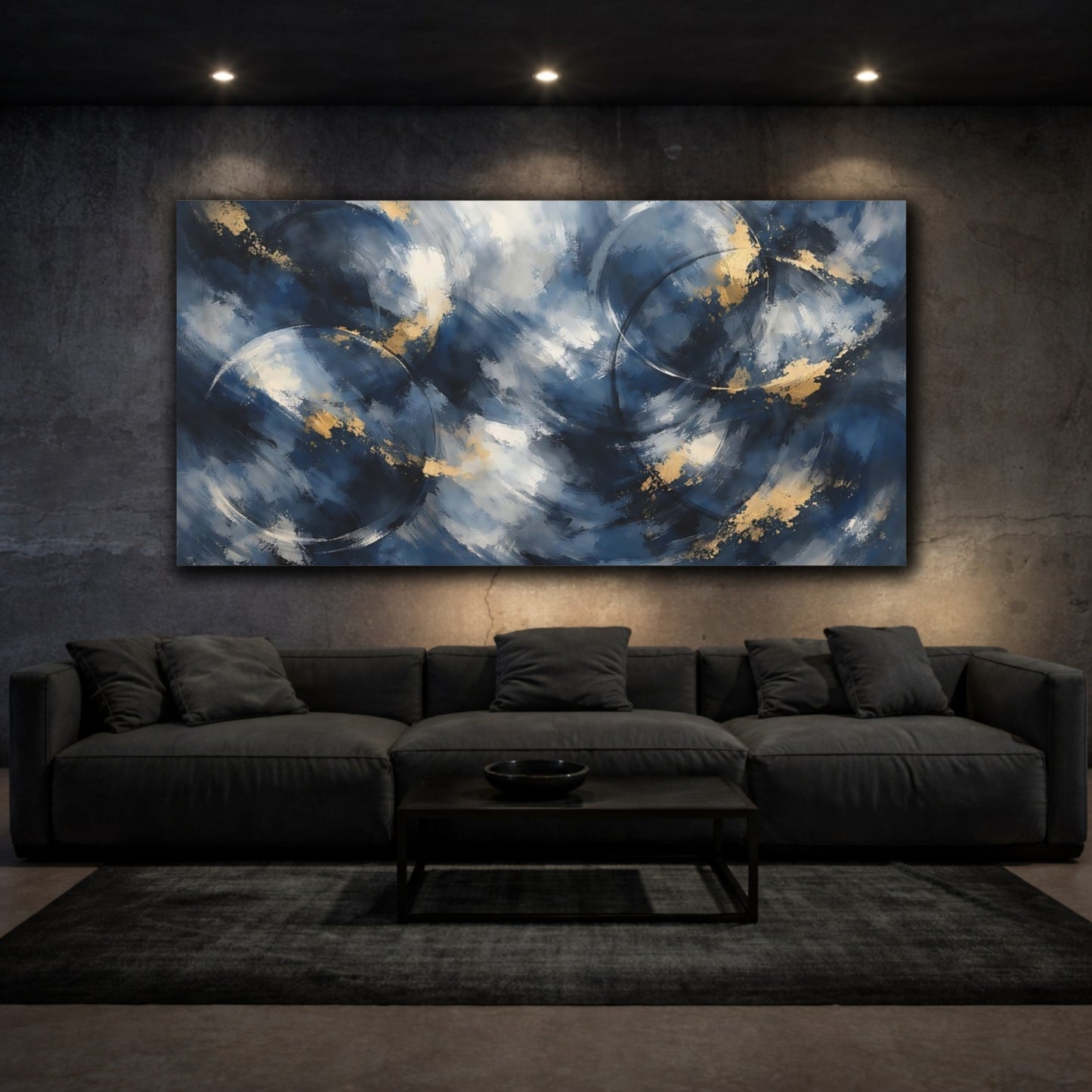 Mockup 2. Abstract Abstract Strokes Blue And Gold Abstract shown as stretched canvas wall art