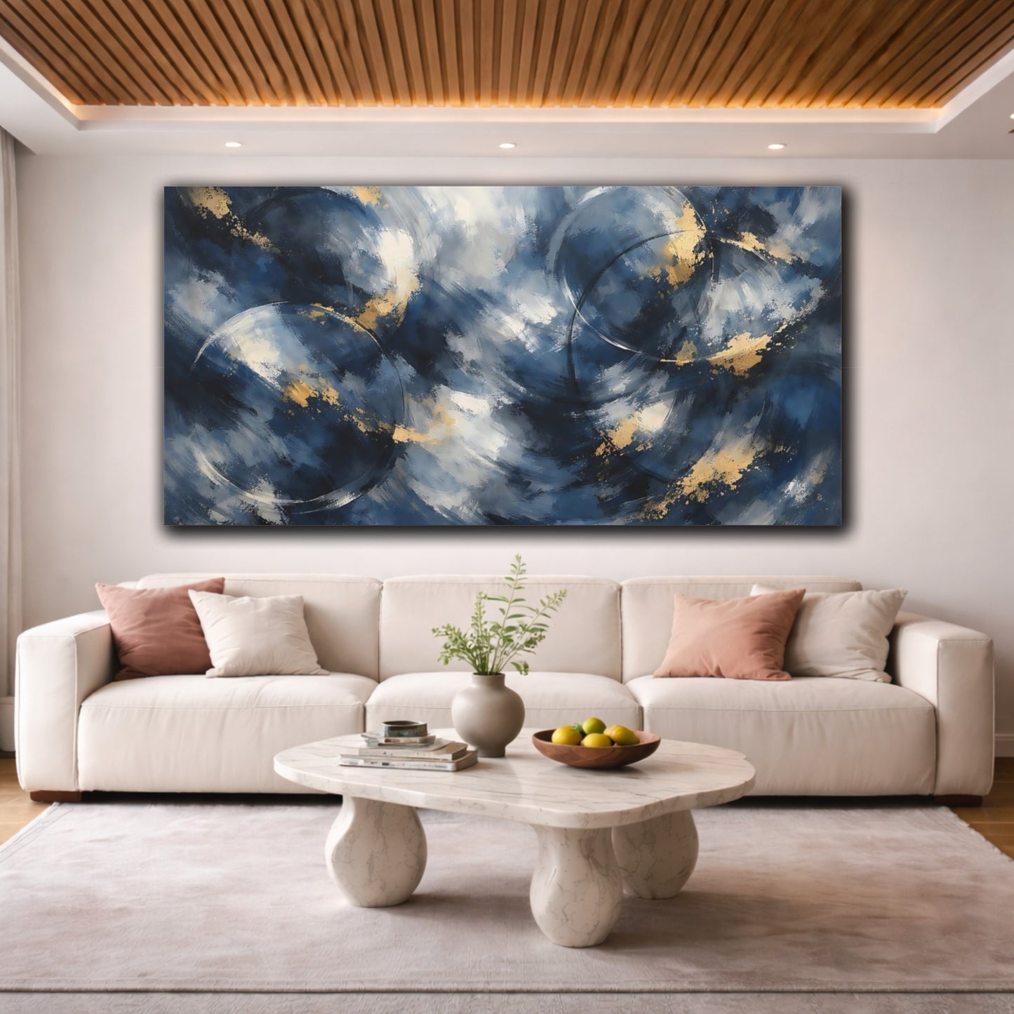 Mockup 3. Abstract Abstract Strokes Blue And Gold Abstract shown as stretched canvas wall art