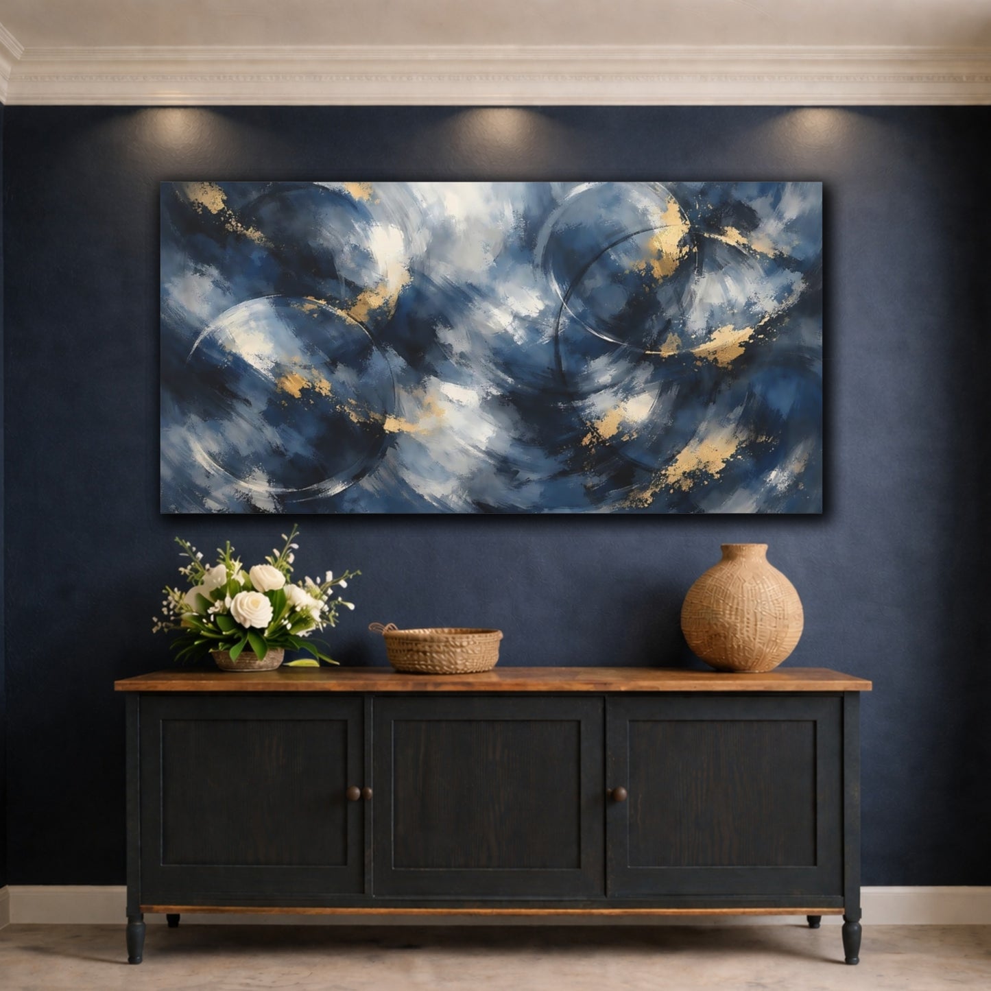 Mockup 4. Abstract Abstract Strokes Blue And Gold Abstract shown as stretched canvas wall art