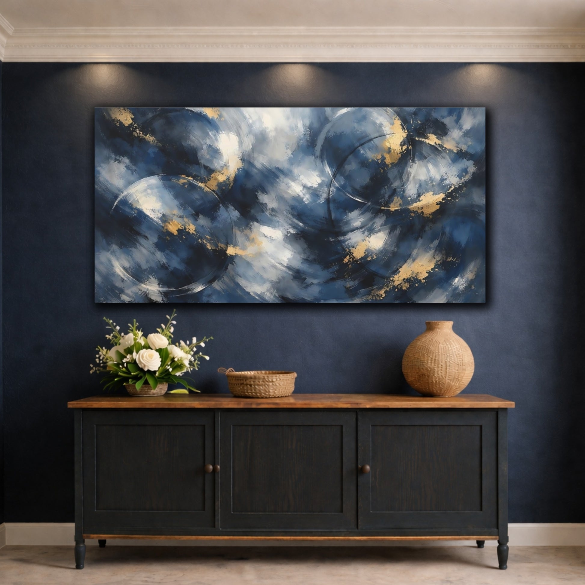 Mockup 4. Abstract Abstract Strokes Blue And Gold Abstract shown as stretched canvas wall art