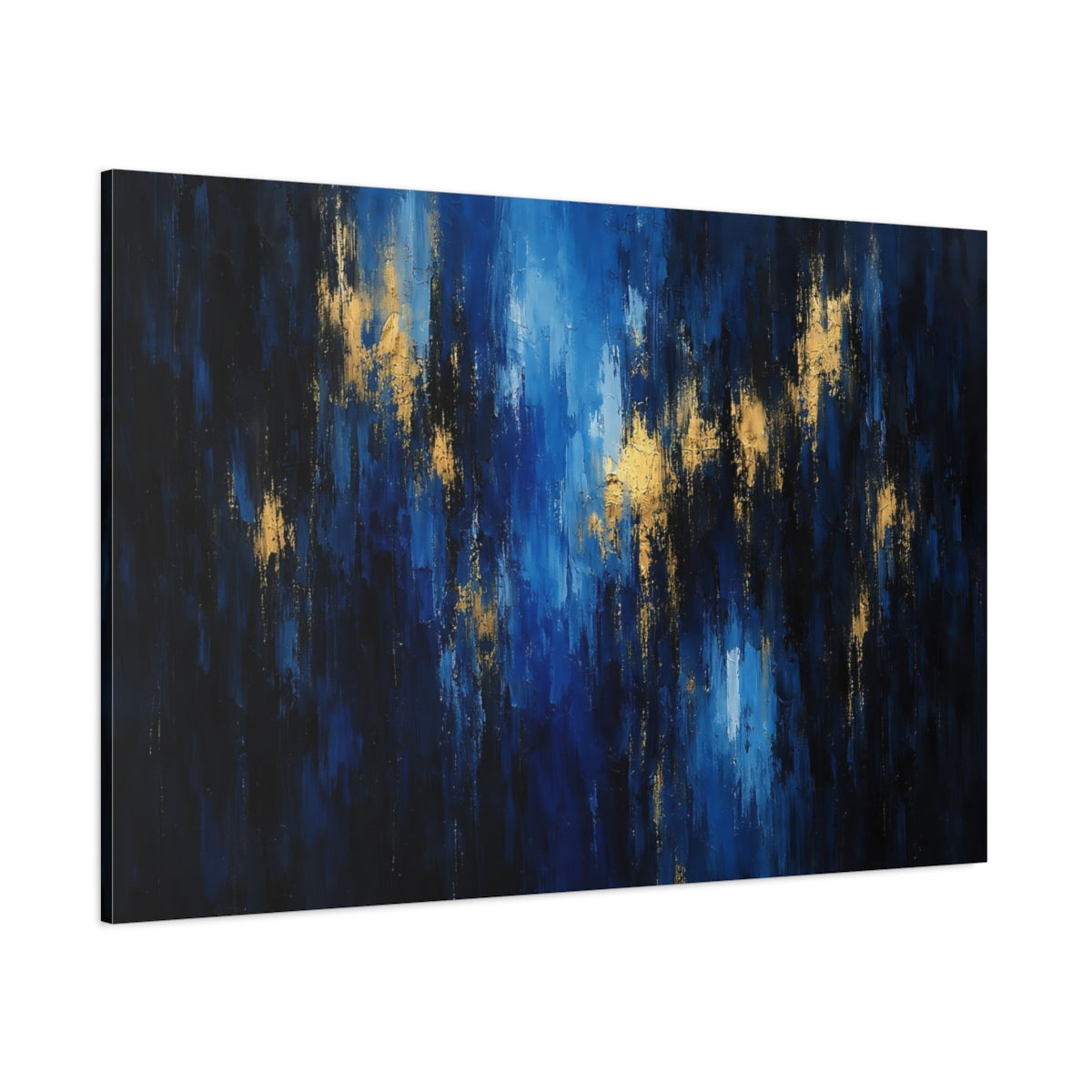 Main Mockup. Abstract Abstract Strokes Blue And Gold shown as stretched canvas wall art