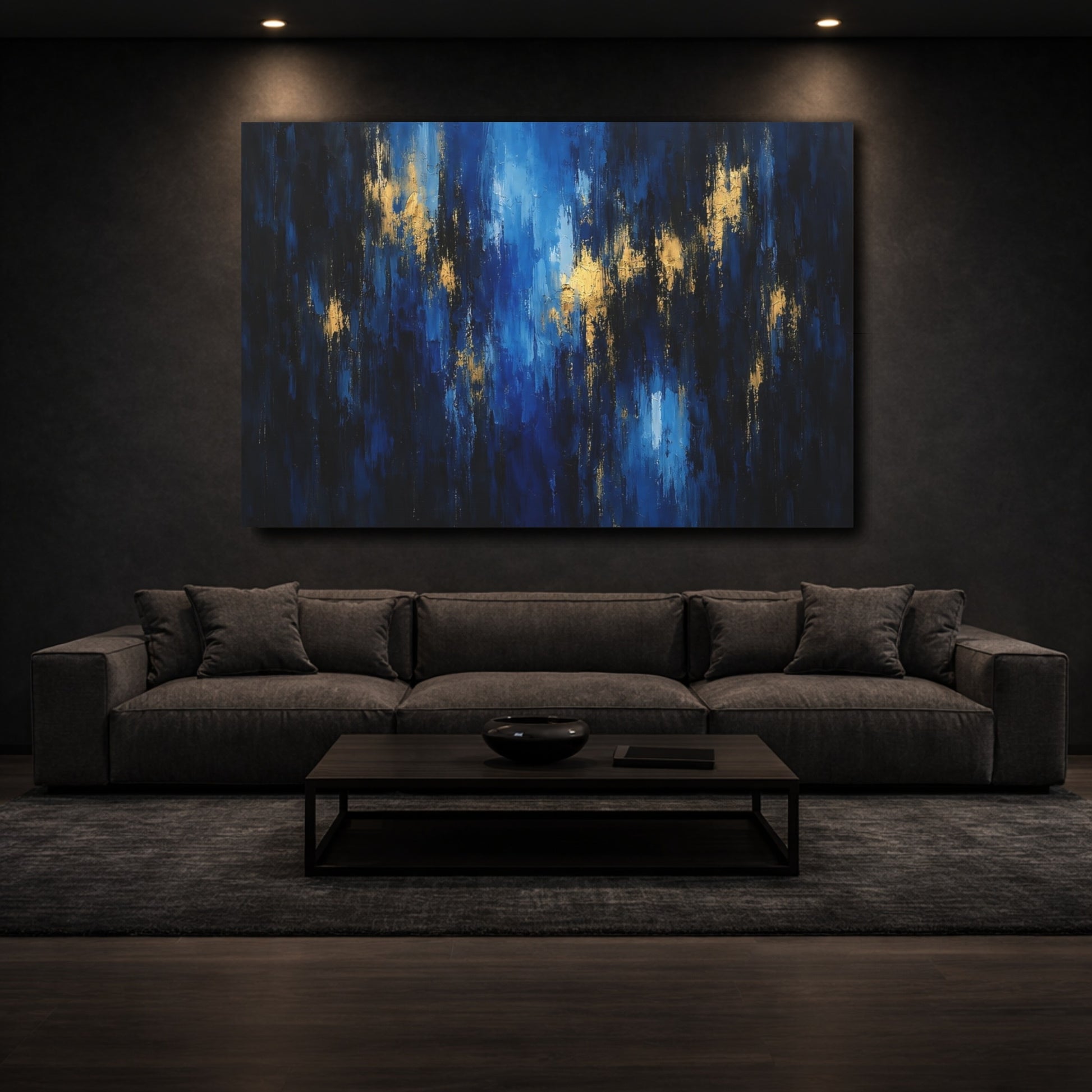 Mockup 2. Abstract Abstract Strokes Blue And Gold shown as stretched canvas wall art