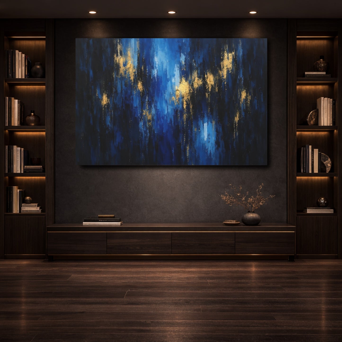 Mockup 3. Abstract Abstract Strokes Blue And Gold shown as stretched canvas wall art