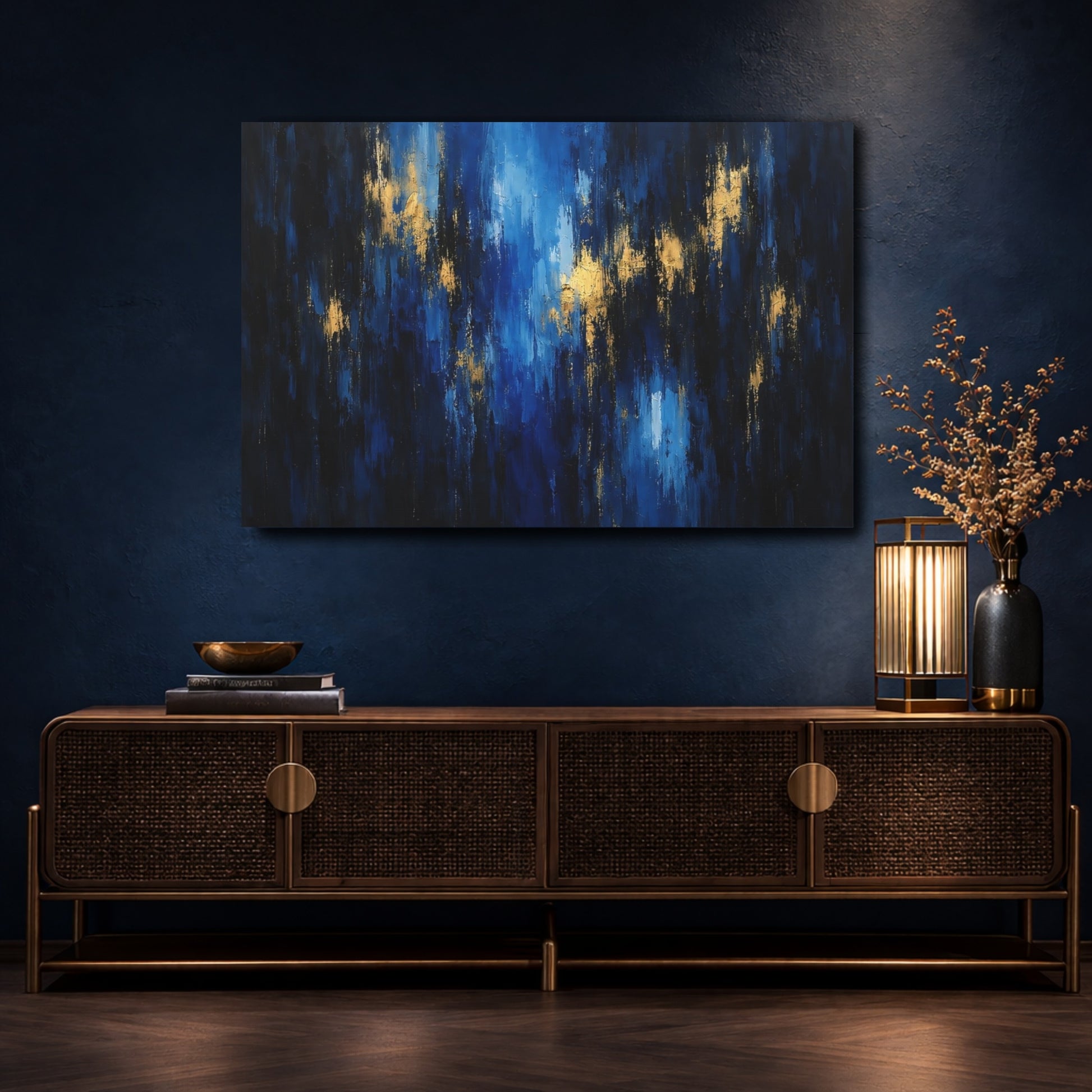 Mockup 4. Abstract Abstract Strokes Blue And Gold shown as stretched canvas wall art