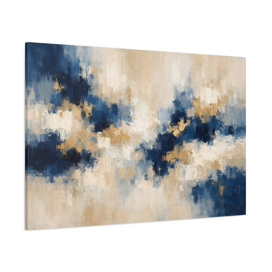 Main Mockup. Abstract Abstract Strokes Blue Gold Abstract shown as stretched canvas wall art