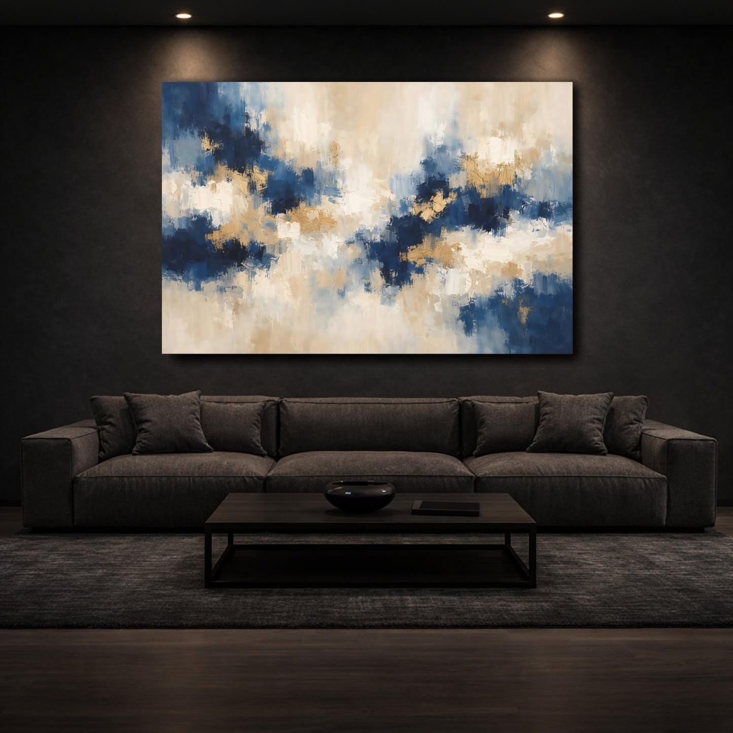 Mockup 2. Abstract Abstract Strokes Blue Gold Abstract shown as stretched canvas wall art