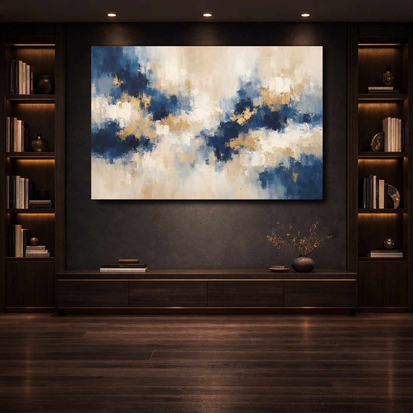Mockup 3. Abstract Abstract Strokes Blue Gold Abstract shown as stretched canvas wall art