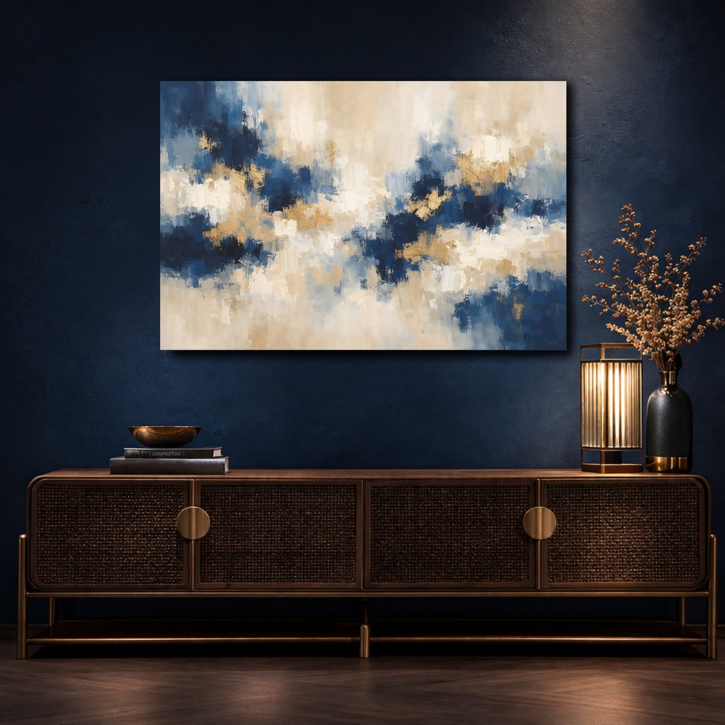 Mockup 4. Abstract Abstract Strokes Blue Gold Abstract shown as stretched canvas wall art