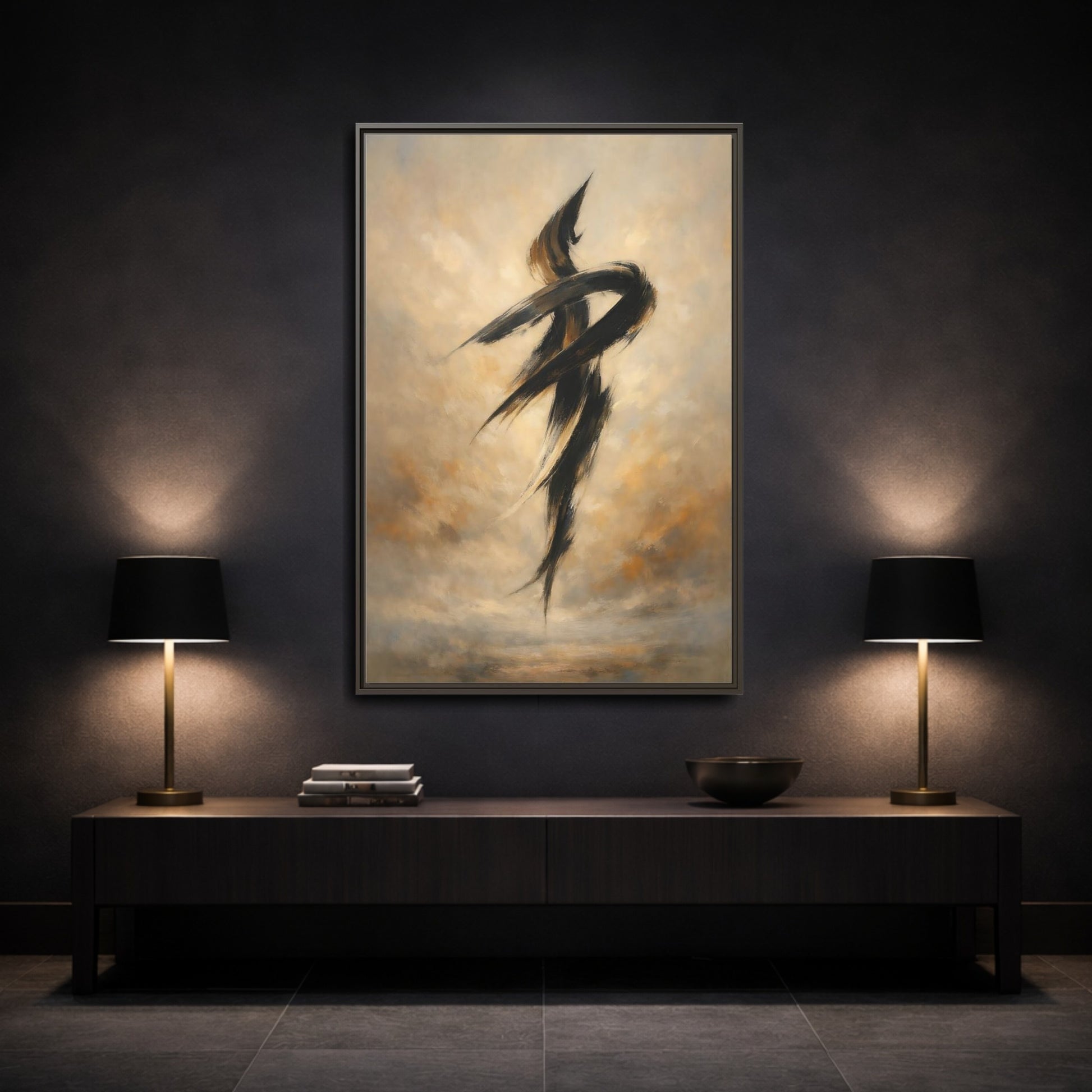 Mockup 2. Abstract Abstract Strokes Brown And Beige shown as stretched canvas wall art