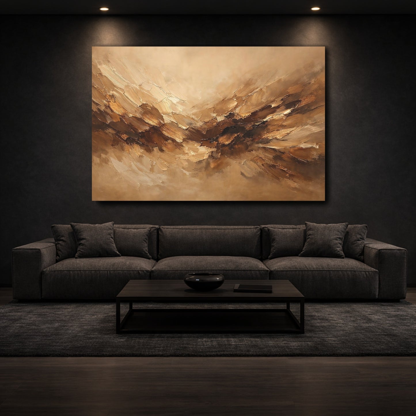 Mockup 2. Abstract Abstract Strokes Brown And Beige shown as stretched canvas wall art
