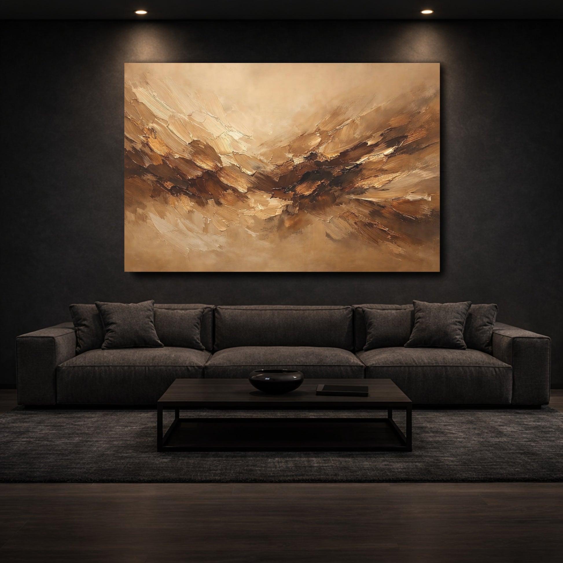 Mockup 2. Abstract Abstract Strokes Brown And Beige shown as stretched canvas wall art